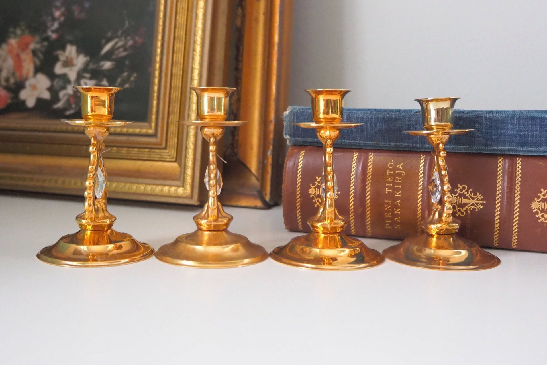 Set of four vintage candlestick holders | Gold plated crystal candlestick holders | Small gold plated candlestick holders | Turun Kristalli