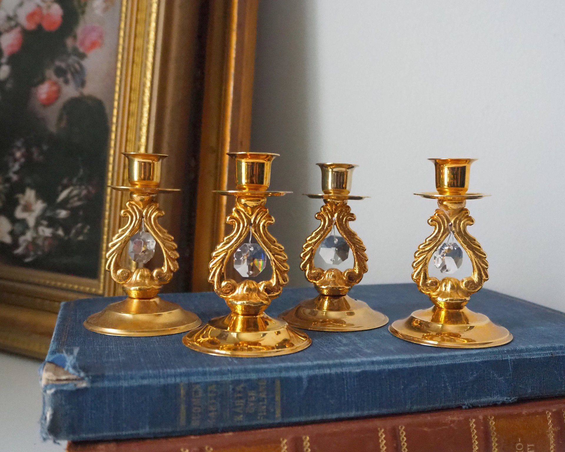Set of four vintage candlestick holders | Gold plated crystal candlestick holders | Small gold plated candlestick holders | Turun Kristalli