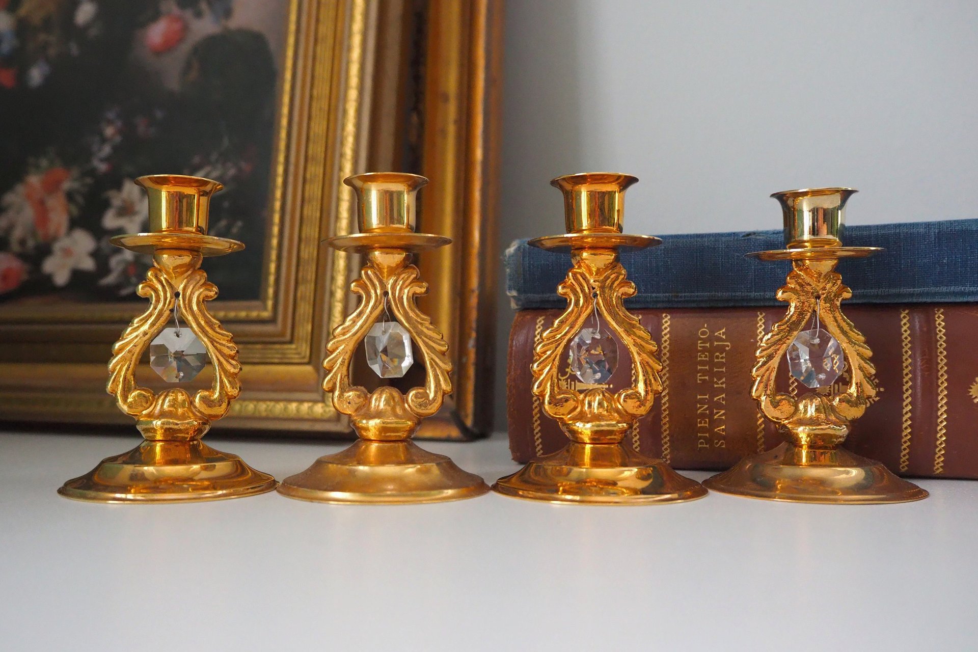 Set of four vintage candlestick holders | Gold plated crystal candlestick holders | Small gold plated candlestick holders | Turun Kristalli