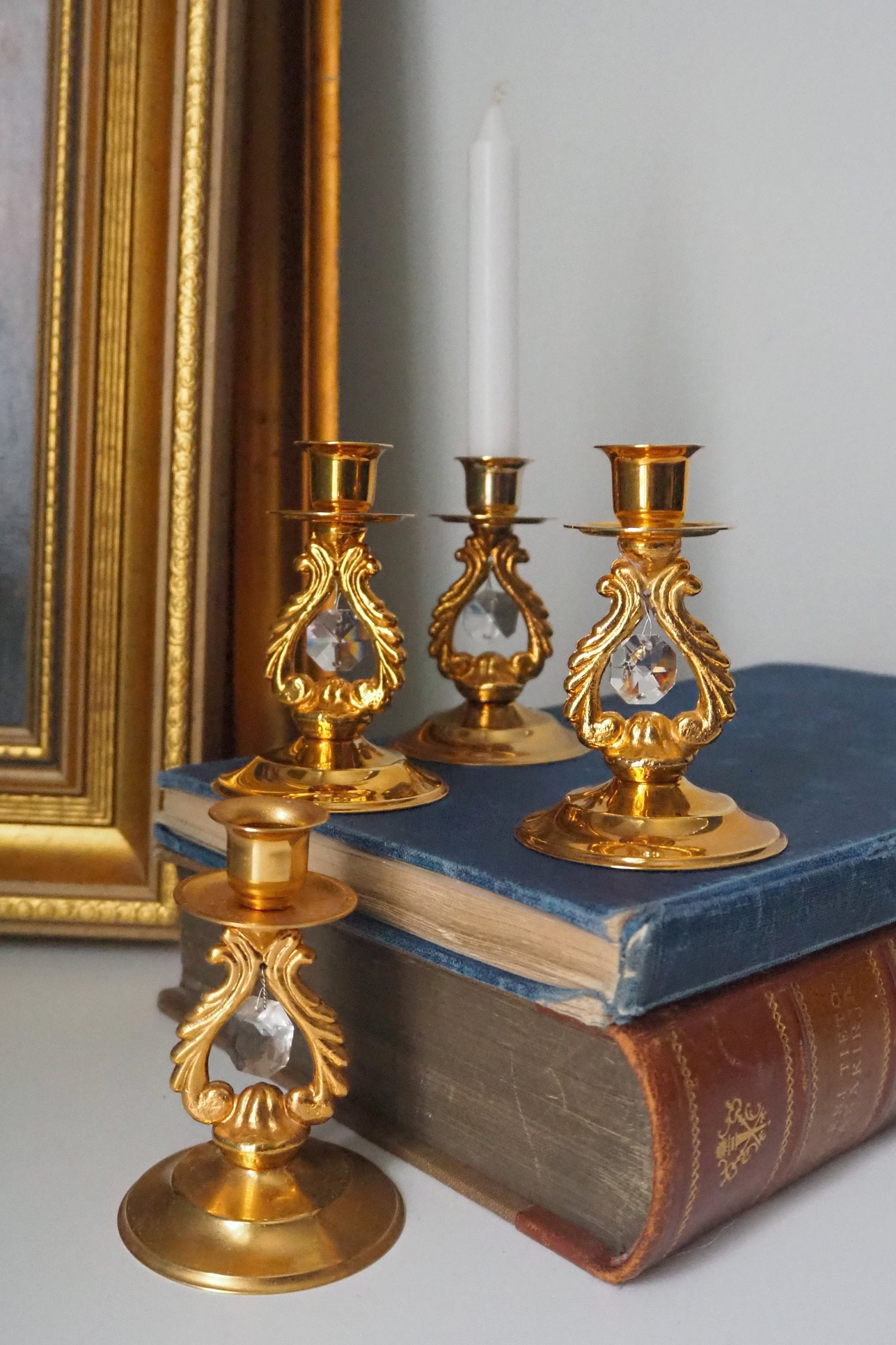Set of four vintage candlestick holders | Gold plated crystal candlestick holders | Small gold plated candlestick holders | Turun Kristalli
