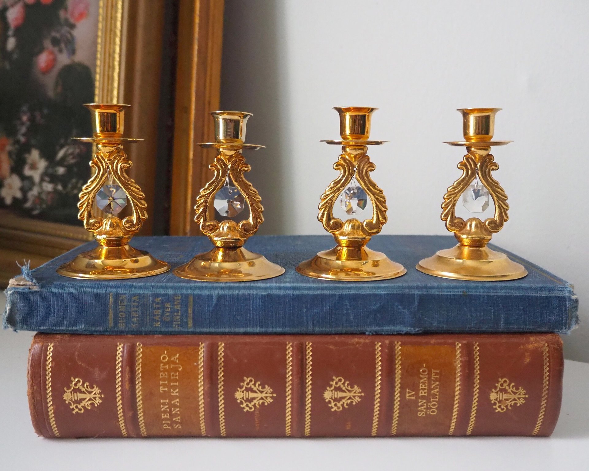 Set of four vintage candlestick holders | Gold plated crystal candlestick holders | Small gold plated candlestick holders | Turun Kristalli