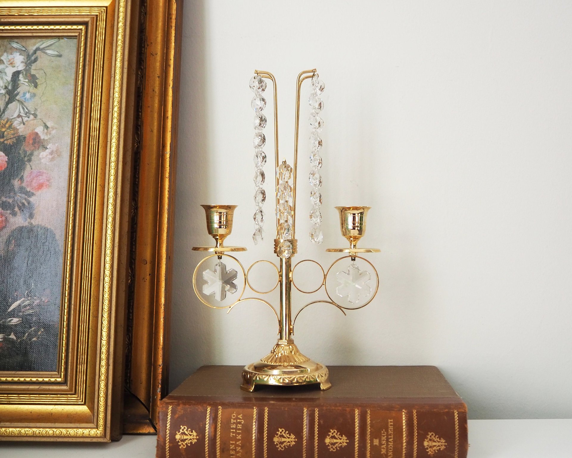 Vintage crystal candelabra | Vintage two arm candelabra | Gold plated candelabra | Vintage candelabra