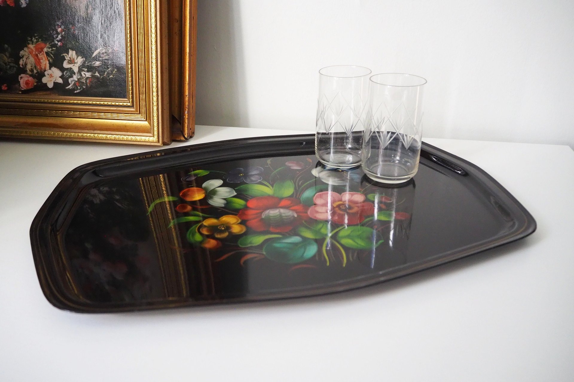 Vintage floral metal tray | Large handpainted floral tray | Vintage floral tray | Vintage Zhostovo tray