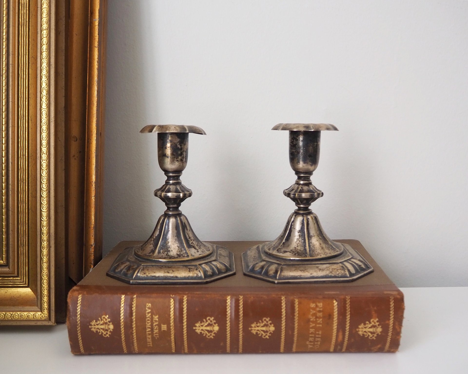 Set of two vintage candlestick holders | Silver plated candlestick holders | Ornate silver candlestick holders | Made in Finland