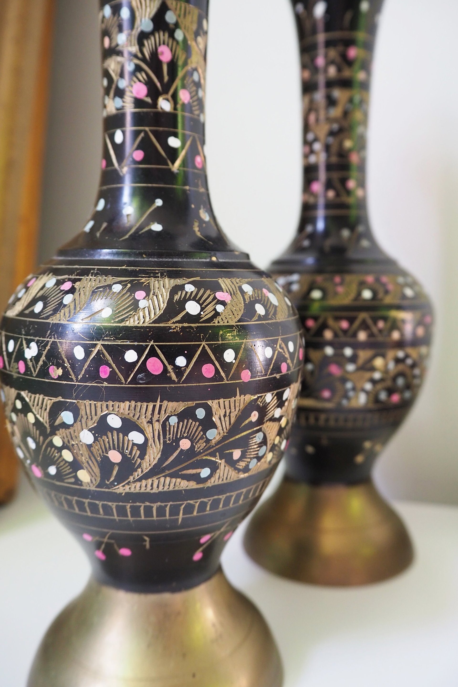 Set of two vintage vases | Brass vases | Matching vintage vases | Etched brass and black vases | Pastel vases