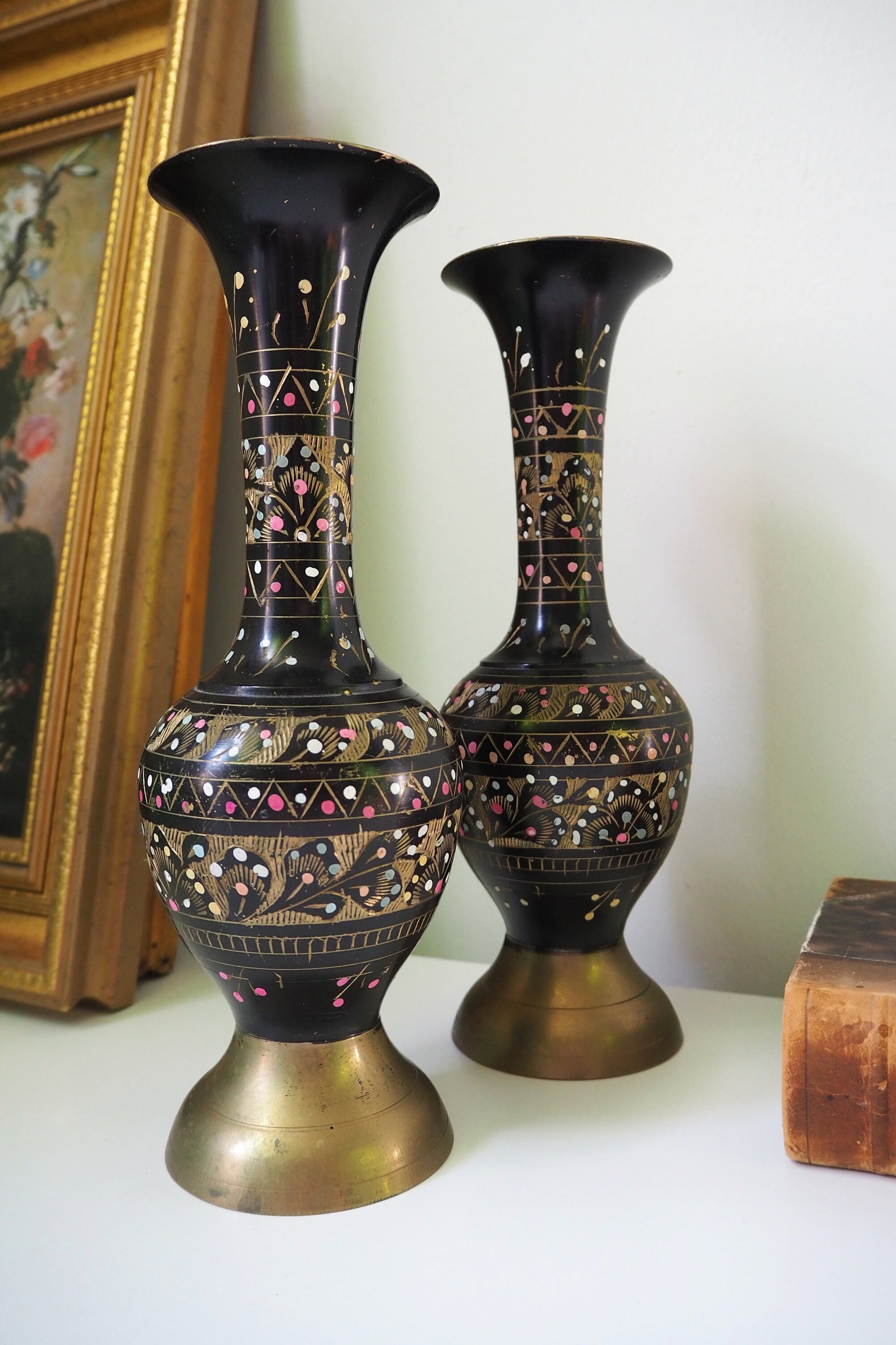Set of two vintage vases | Brass vases | Matching vintage vases | Etched brass and black vases | Pastel vases
