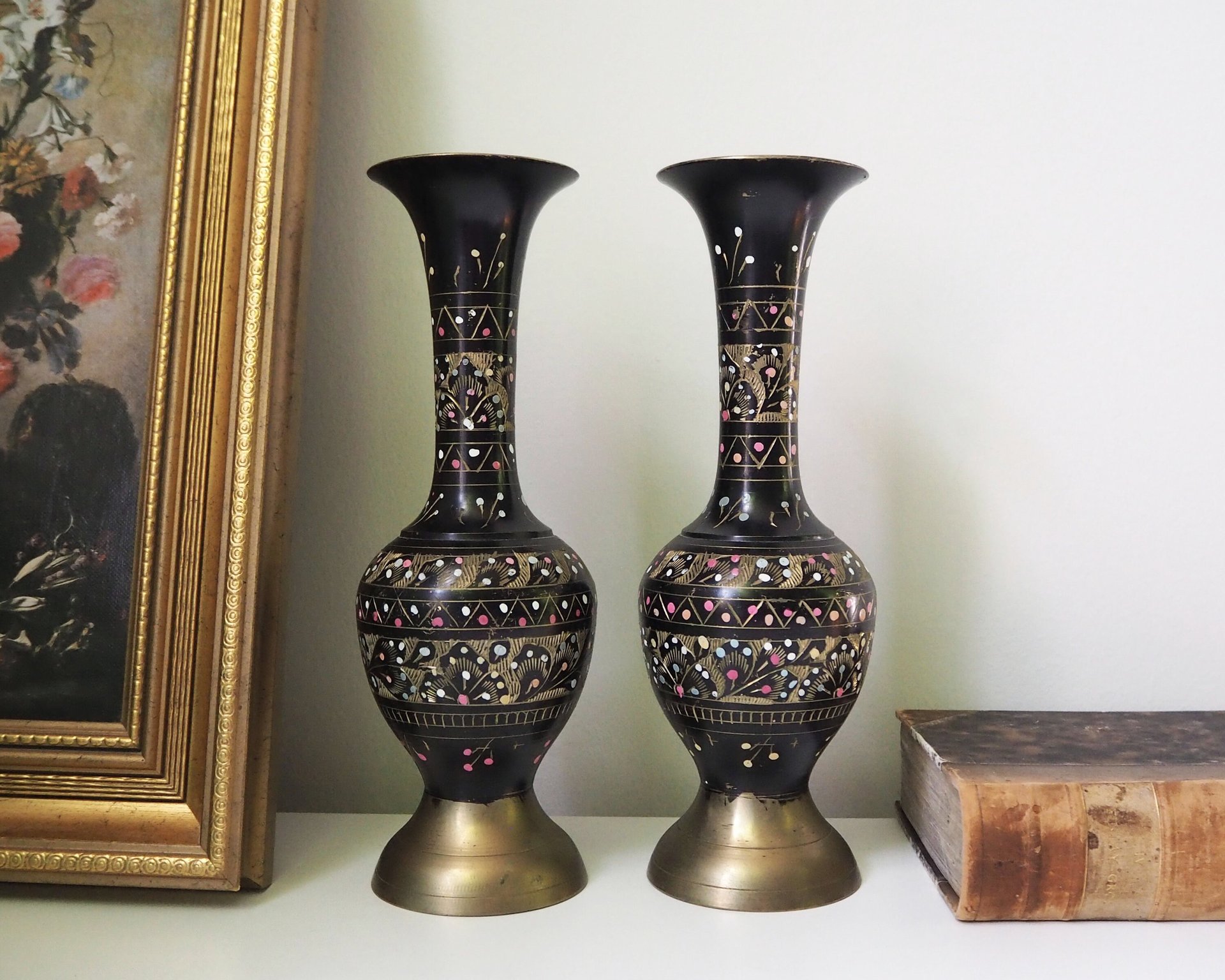 Set of two vintage vases | Brass vases | Matching vintage vases | Etched brass and black vases | Pastel vases