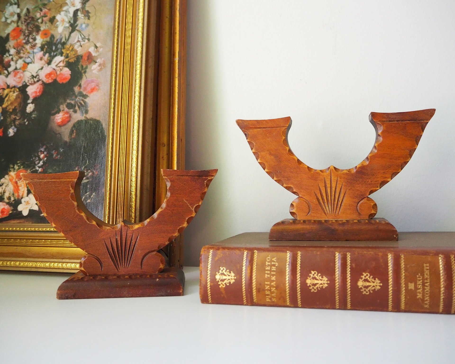 Set of two vintage wooden candlestick holders | Wooden candle holders | Rustic wooden candlestick holders