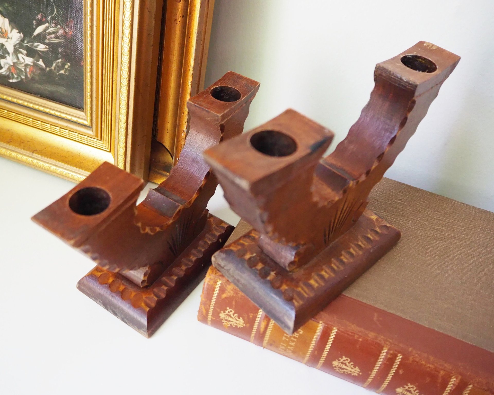 Set of two vintage wooden candlestick holders | Wooden candle holders | Rustic wooden candlestick holders