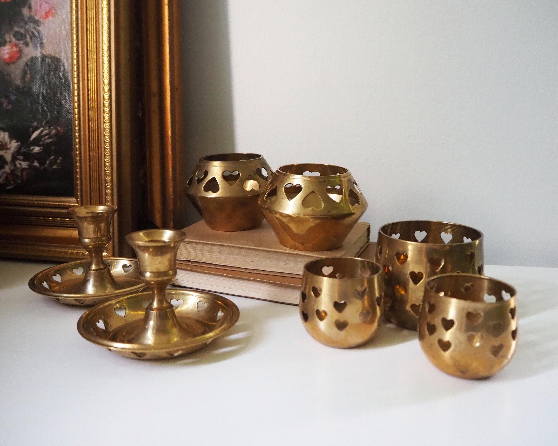 Vintage brass candle holder set | Heart candleholders | Vintage brass candlestick holders | Brass tealight holders | Candleholder sets