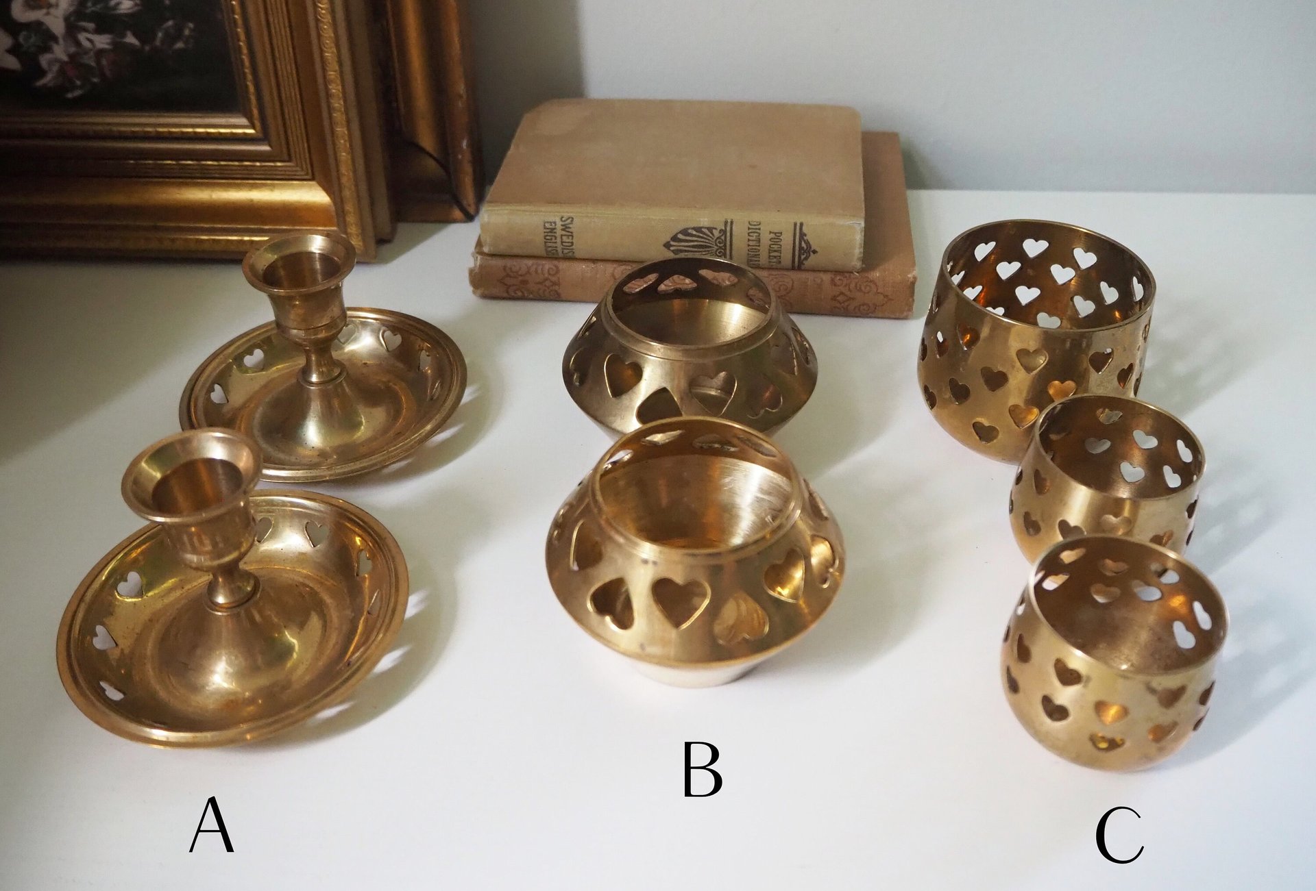 Vintage brass candle holder set | Heart candleholders | Vintage brass candlestick holders | Brass tealight holders | Candleholder sets