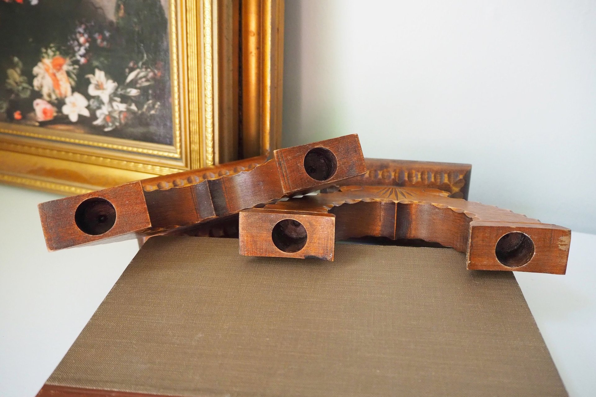 Set of two vintage wooden candlestick holders | Wooden candle holders | Rustic wooden candlestick holders