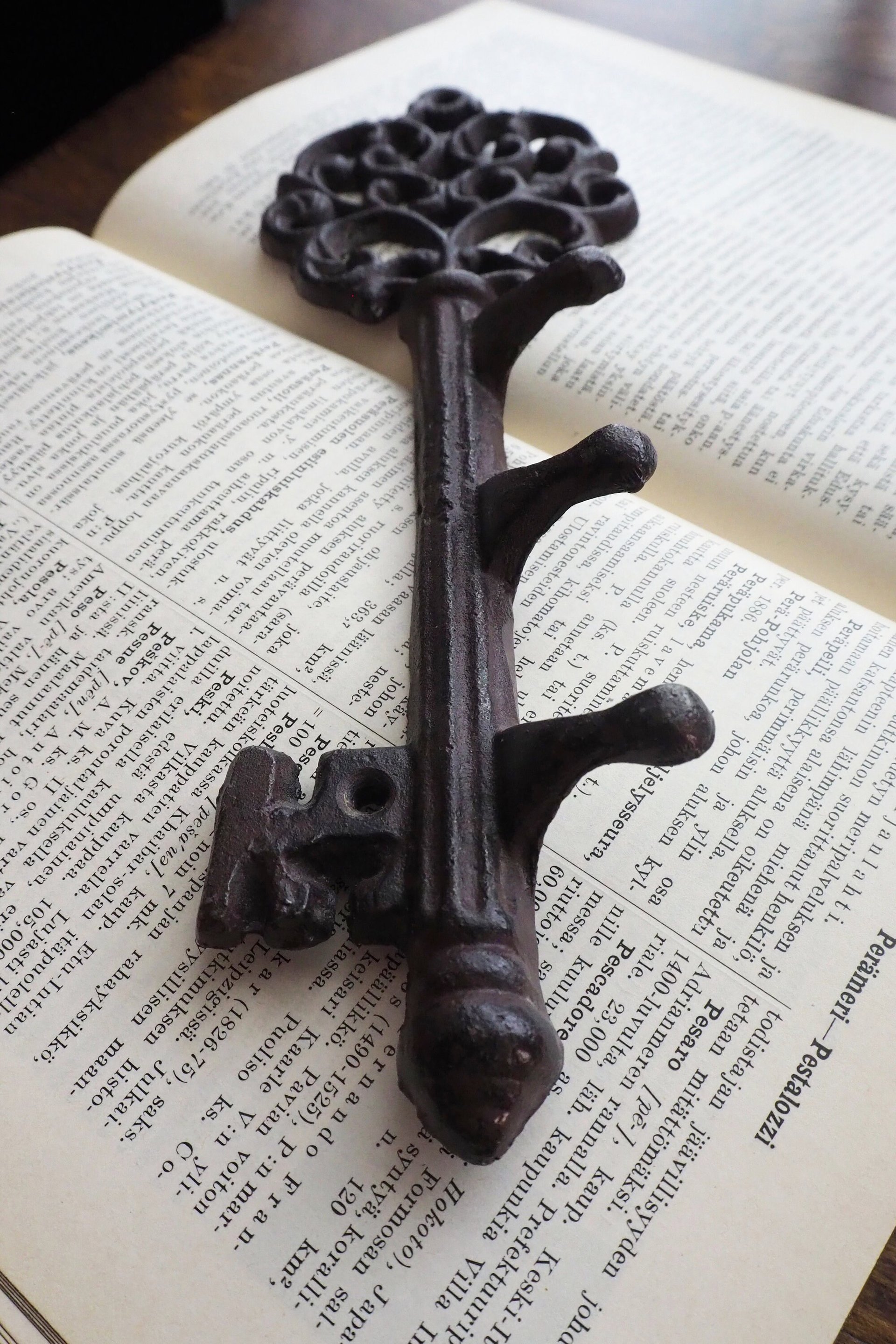 Vintage cast iron key rack | Small vintage key rack | Key shaped wall rack | Key shaped rack with three hooks | Vintage wall rack