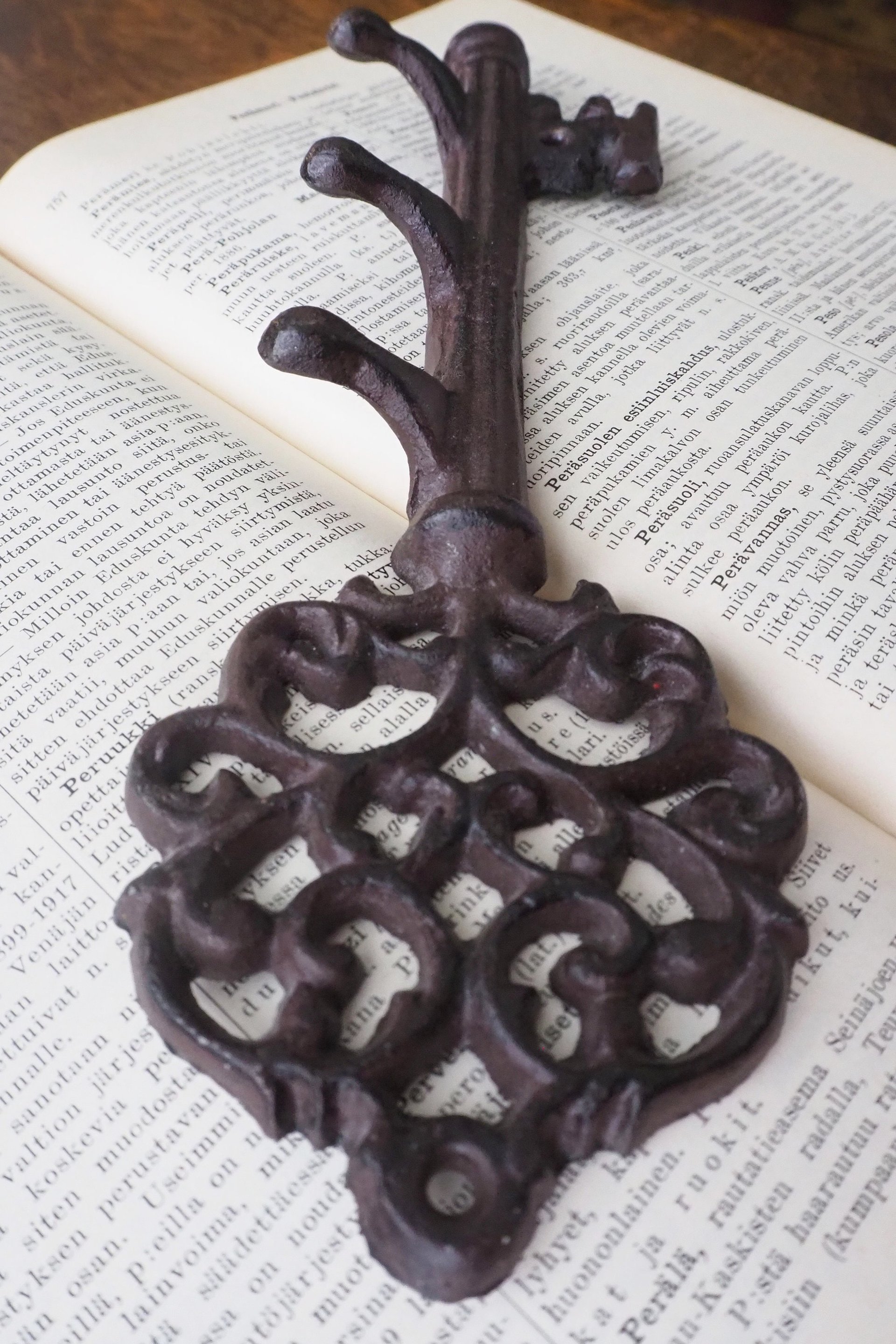 Vintage cast iron key rack | Small vintage key rack | Key shaped wall rack | Key shaped rack with three hooks | Vintage wall rack