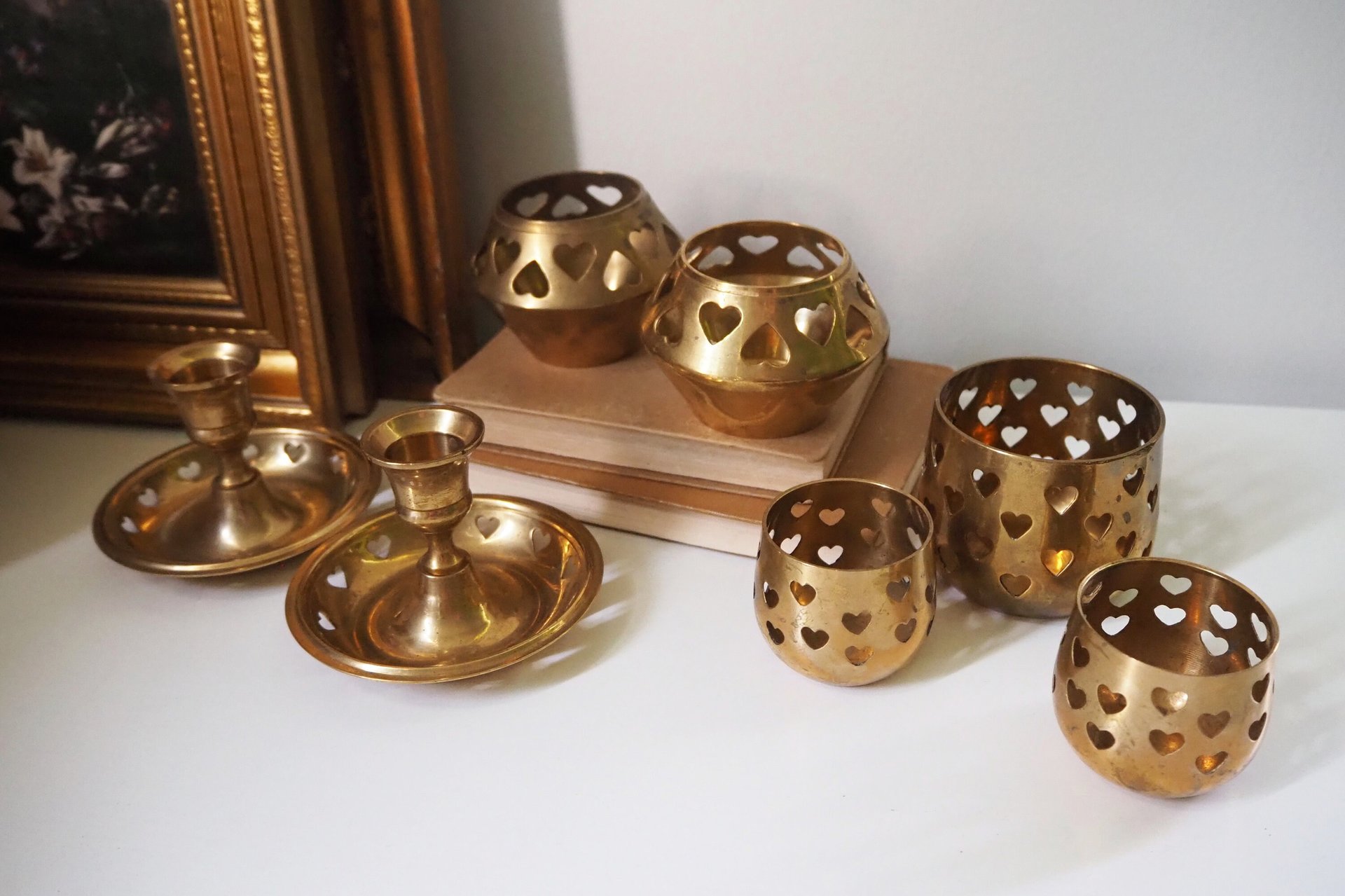Vintage brass candle holder set | Heart candleholders | Vintage brass candlestick holders | Brass tealight holders | Candleholder sets