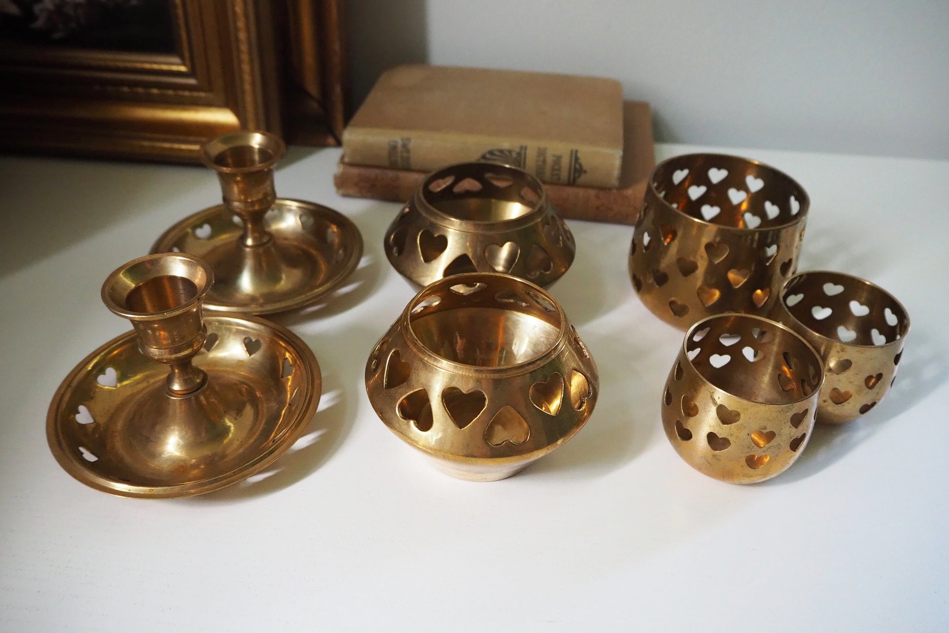 Vintage brass candle holder set | Heart candleholders | Vintage brass candlestick holders | Brass tealight holders | Candleholder sets