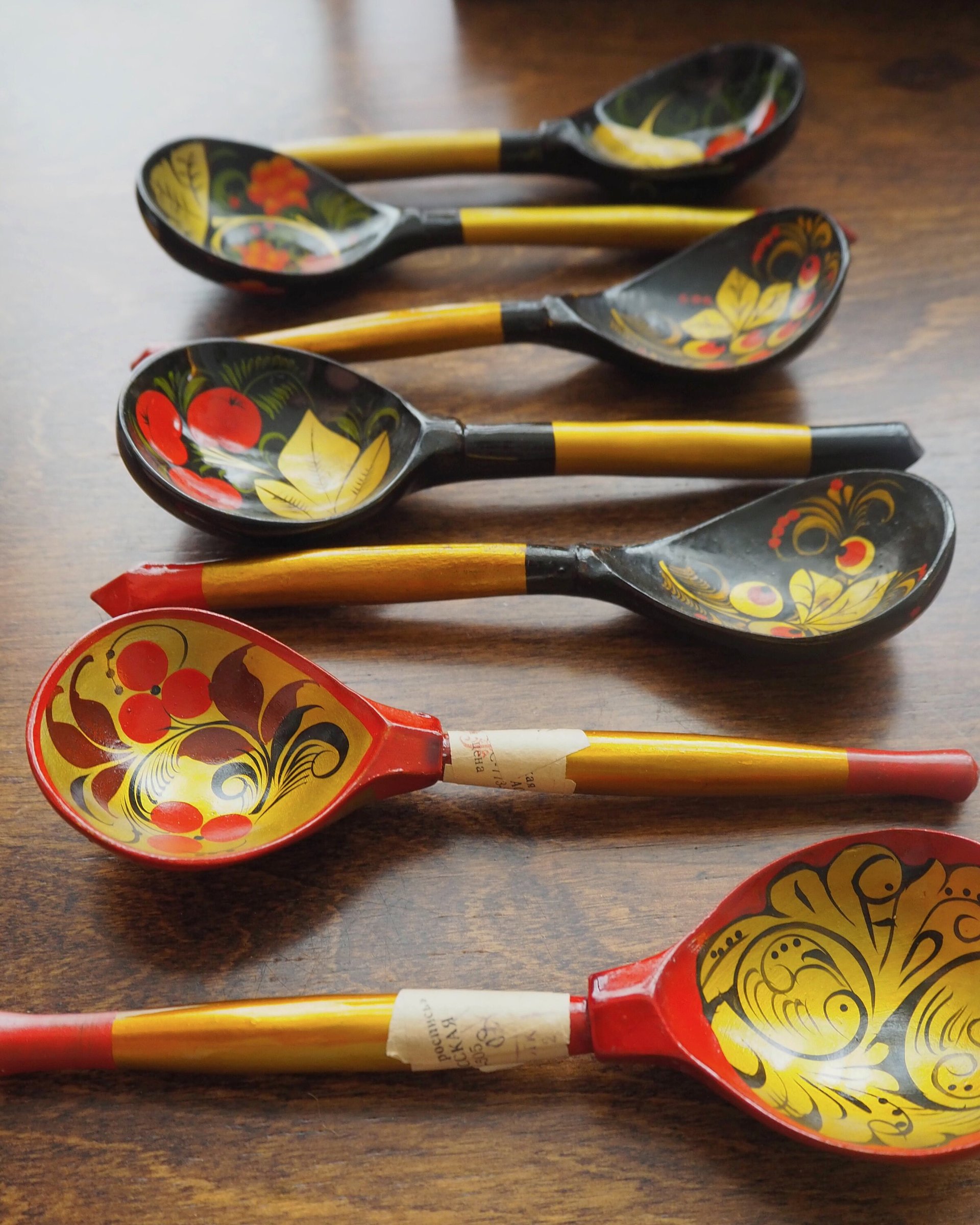 Vintage Khokhloma spoons | Vintage handpainted wooden spoons | Russian wooden spoons