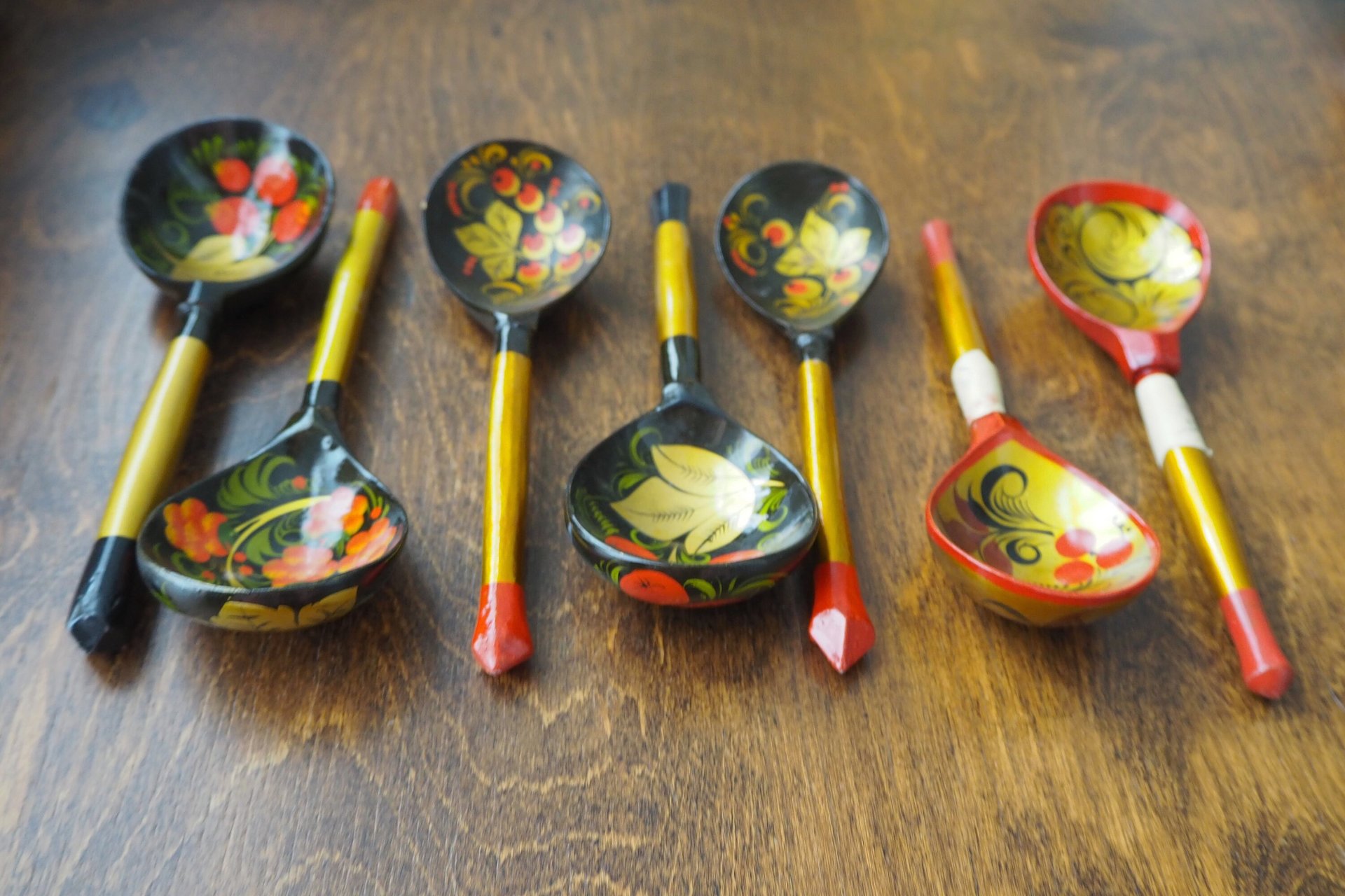 Vintage Khokhloma spoons | Vintage handpainted wooden spoons | Russian wooden spoons
