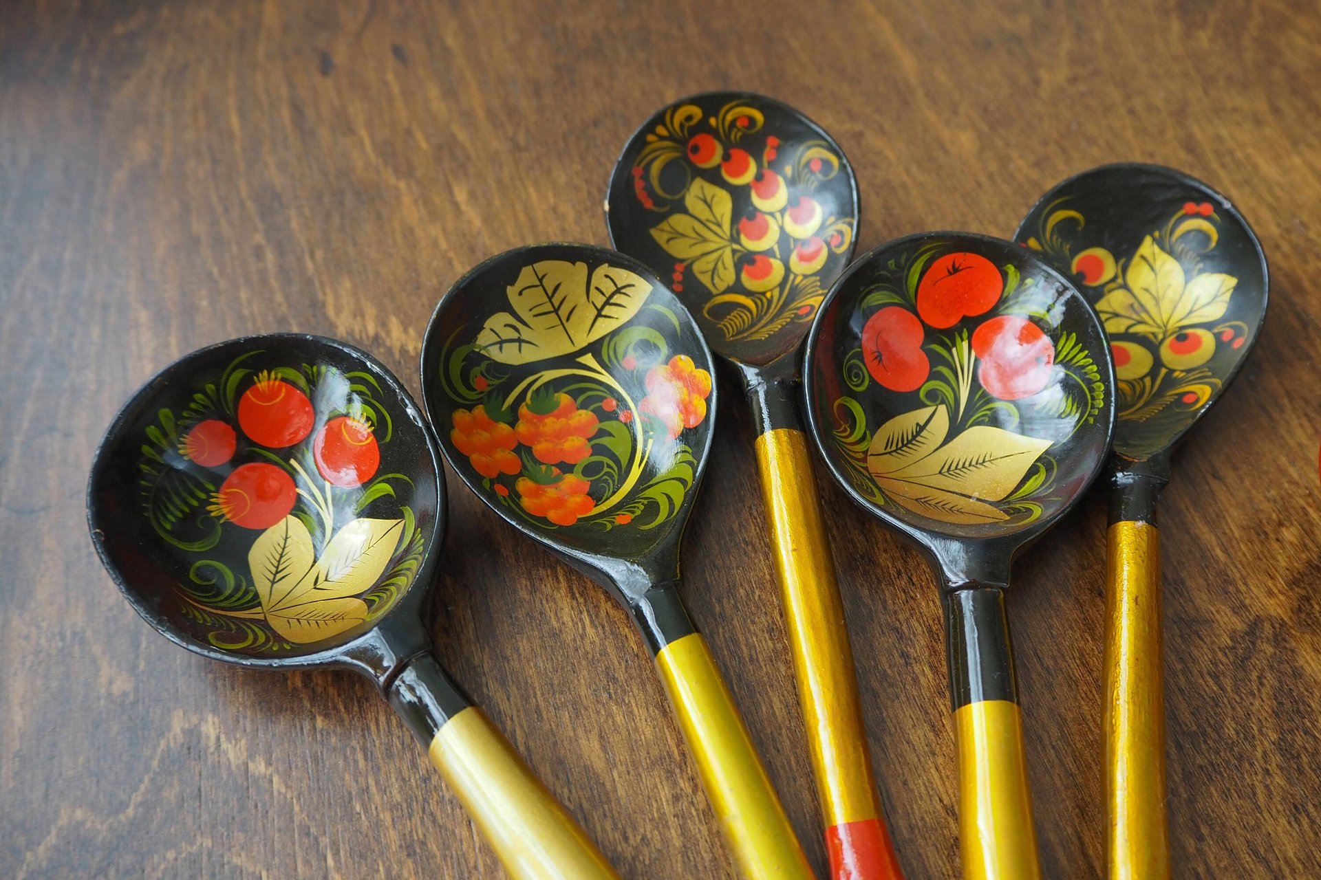 Vintage Khokhloma spoons | Vintage handpainted wooden spoons | Russian wooden spoons