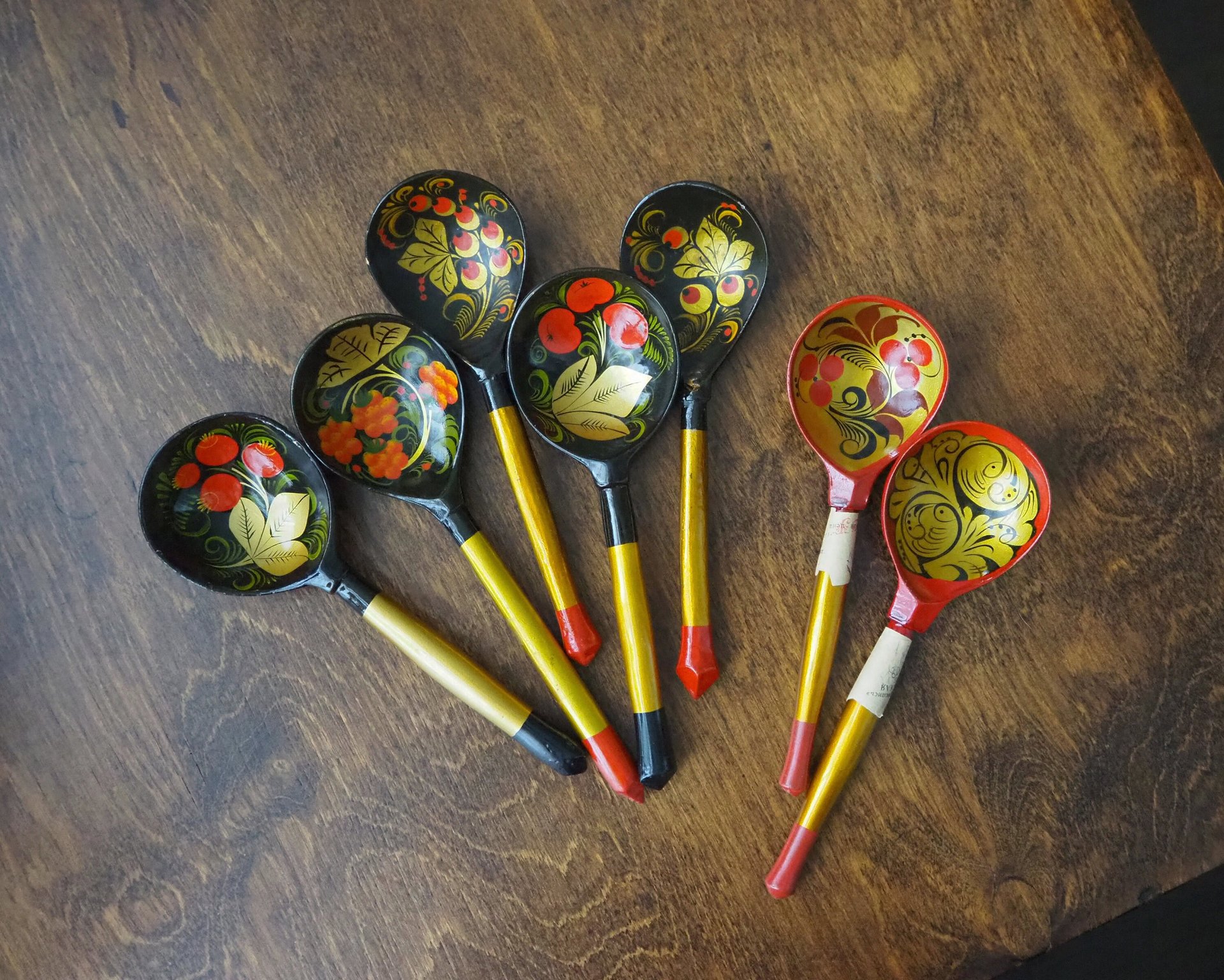 Vintage Khokhloma spoons | Vintage handpainted wooden spoons | Russian wooden spoons