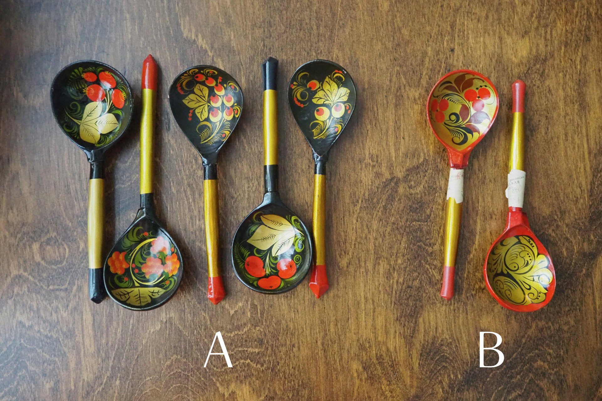 Vintage Khokhloma spoons | Vintage handpainted wooden spoons | Russian wooden spoons