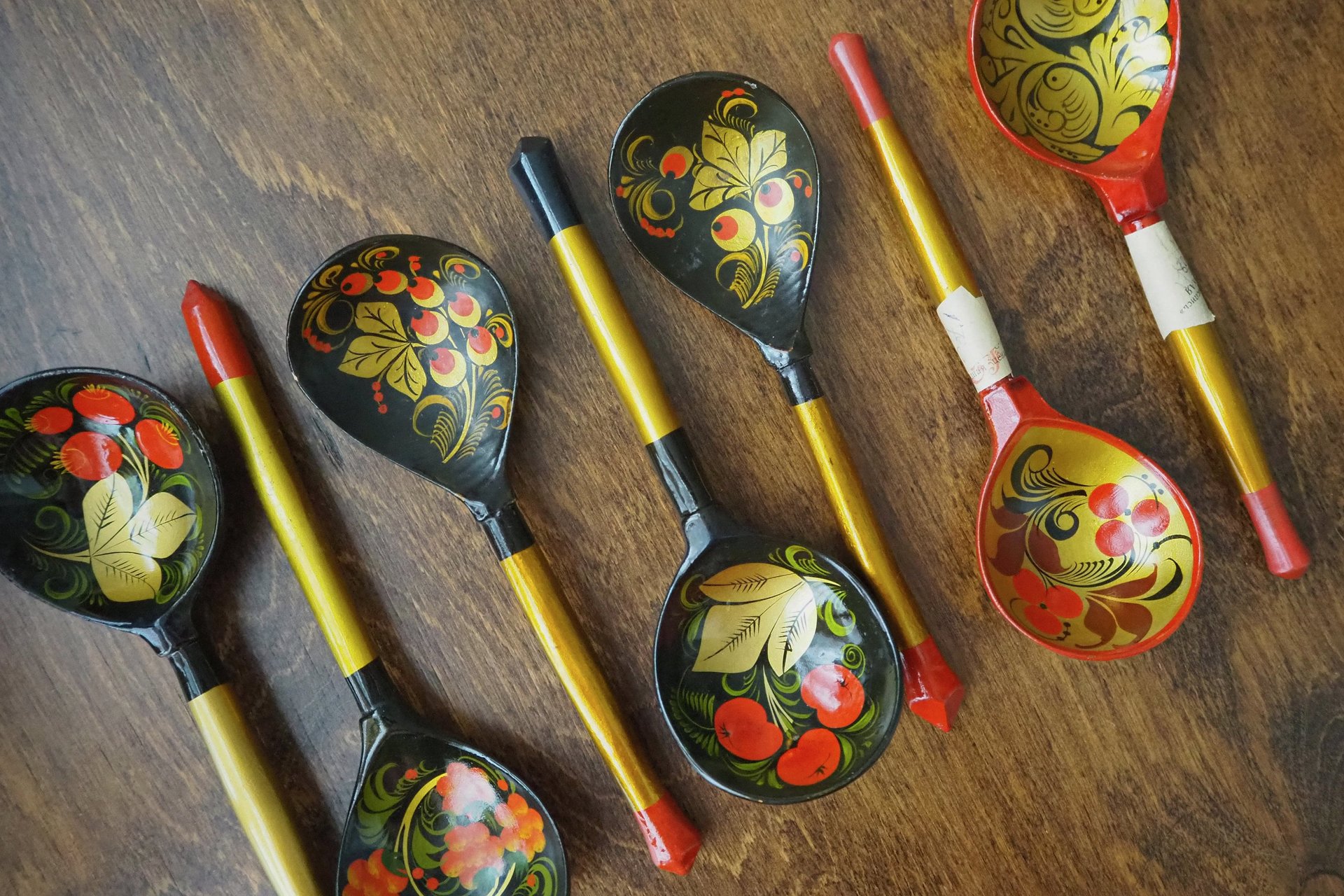 Vintage Khokhloma spoons | Vintage handpainted wooden spoons | Russian wooden spoons