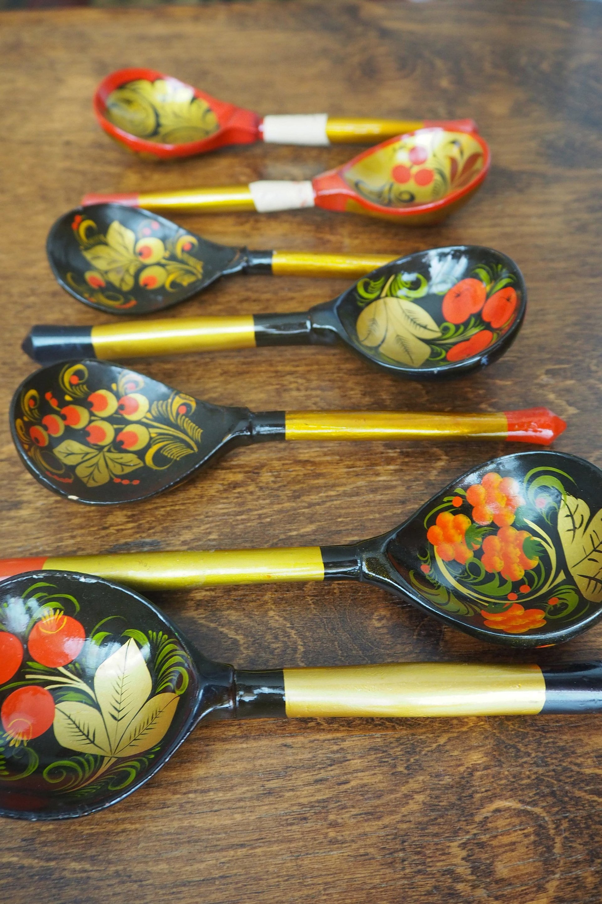 Vintage Khokhloma spoons | Vintage handpainted wooden spoons | Russian wooden spoons