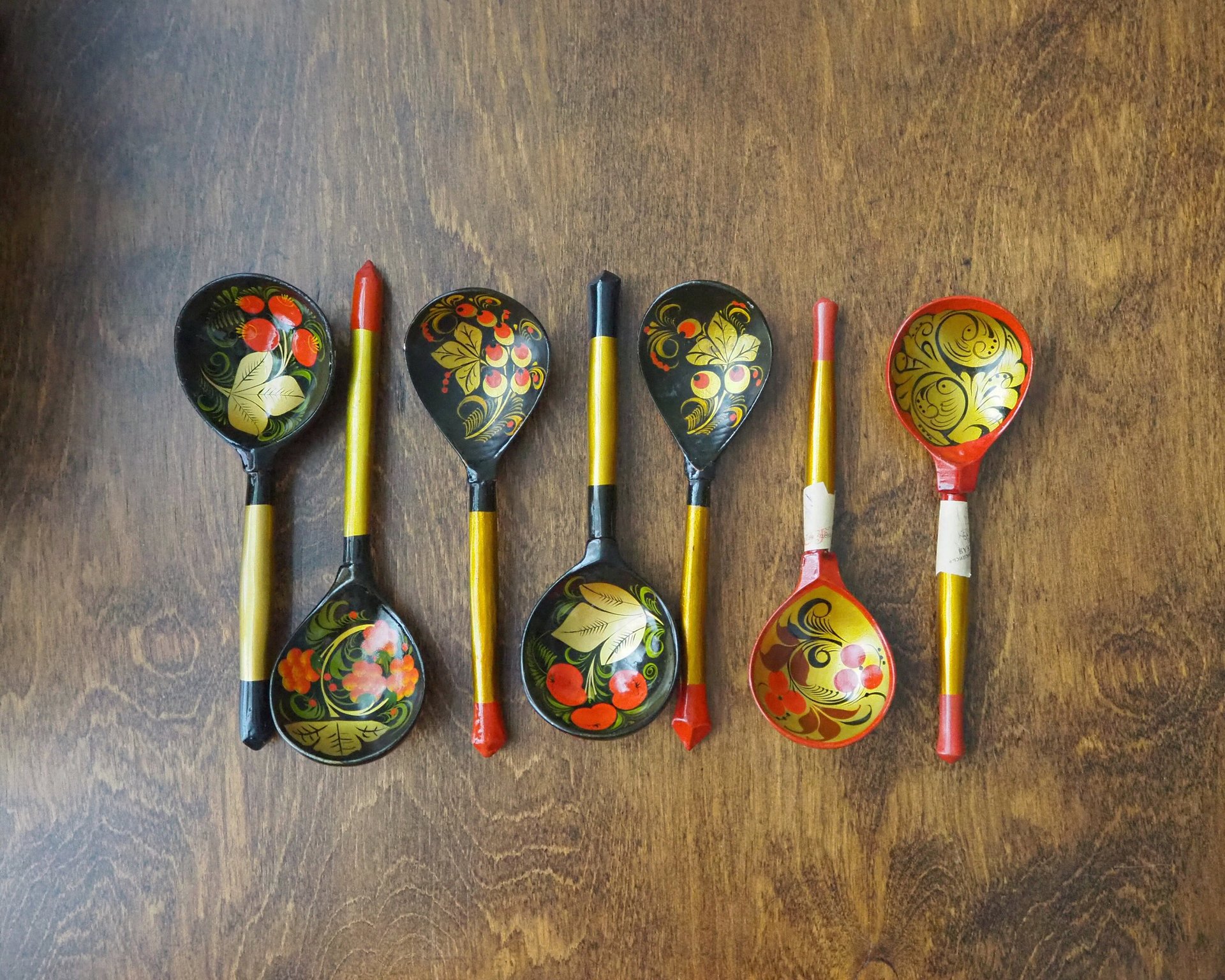 Vintage Khokhloma spoons | Vintage handpainted wooden spoons | Russian wooden spoons