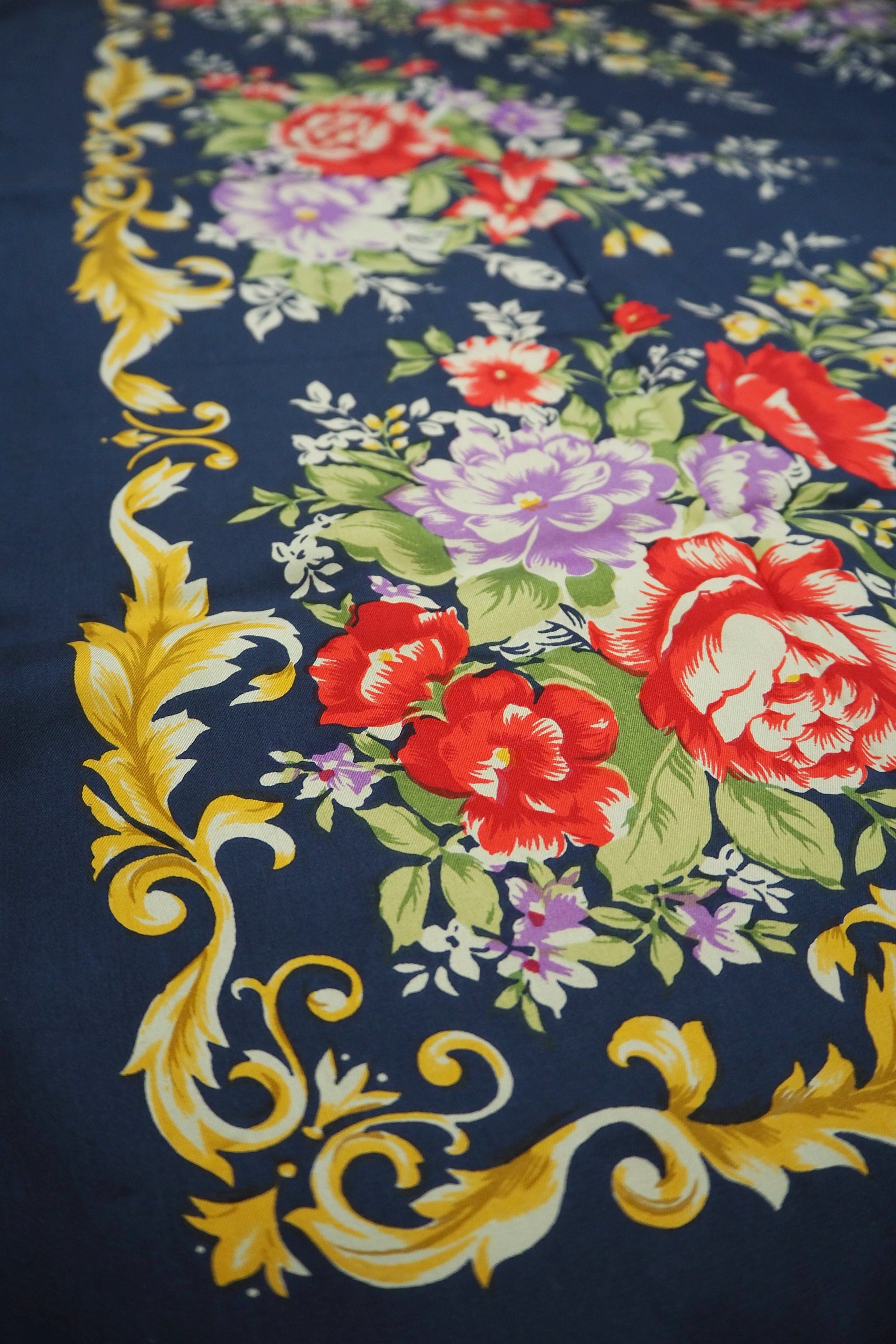 Vintage floral silk scarf | Floral silk scarf | Blue silk scarf | Floral square scarf | Vintage scarf