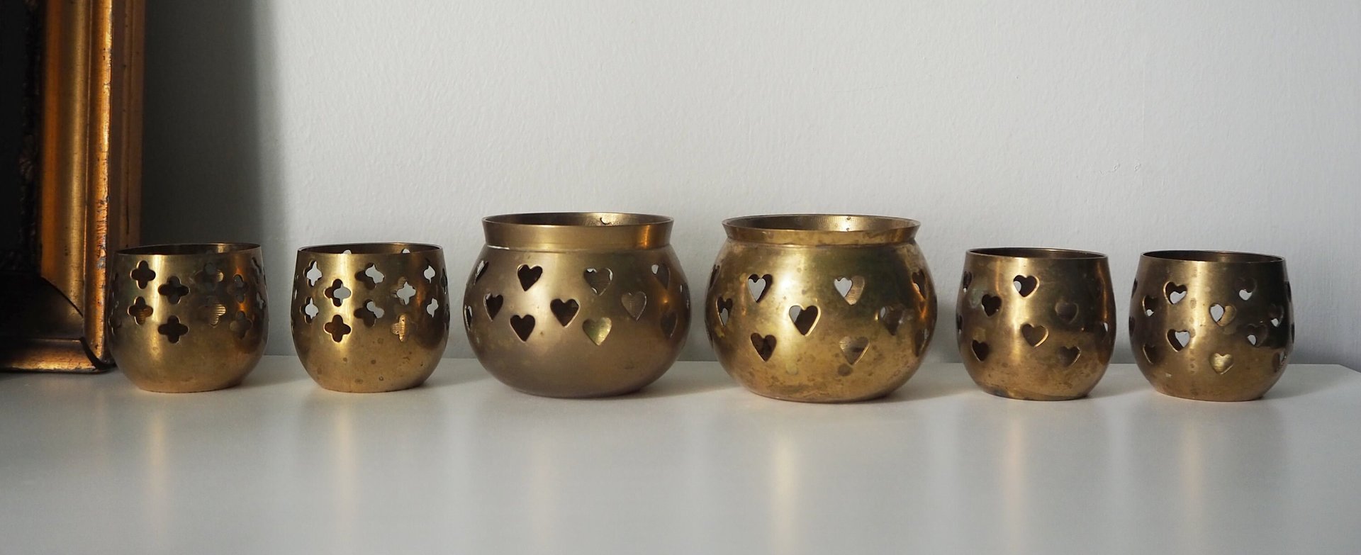 Vintage tea light holder sets | Heart candleholders | Vintage brass tea light holders | Brass tealight holders | Candleholder sets
