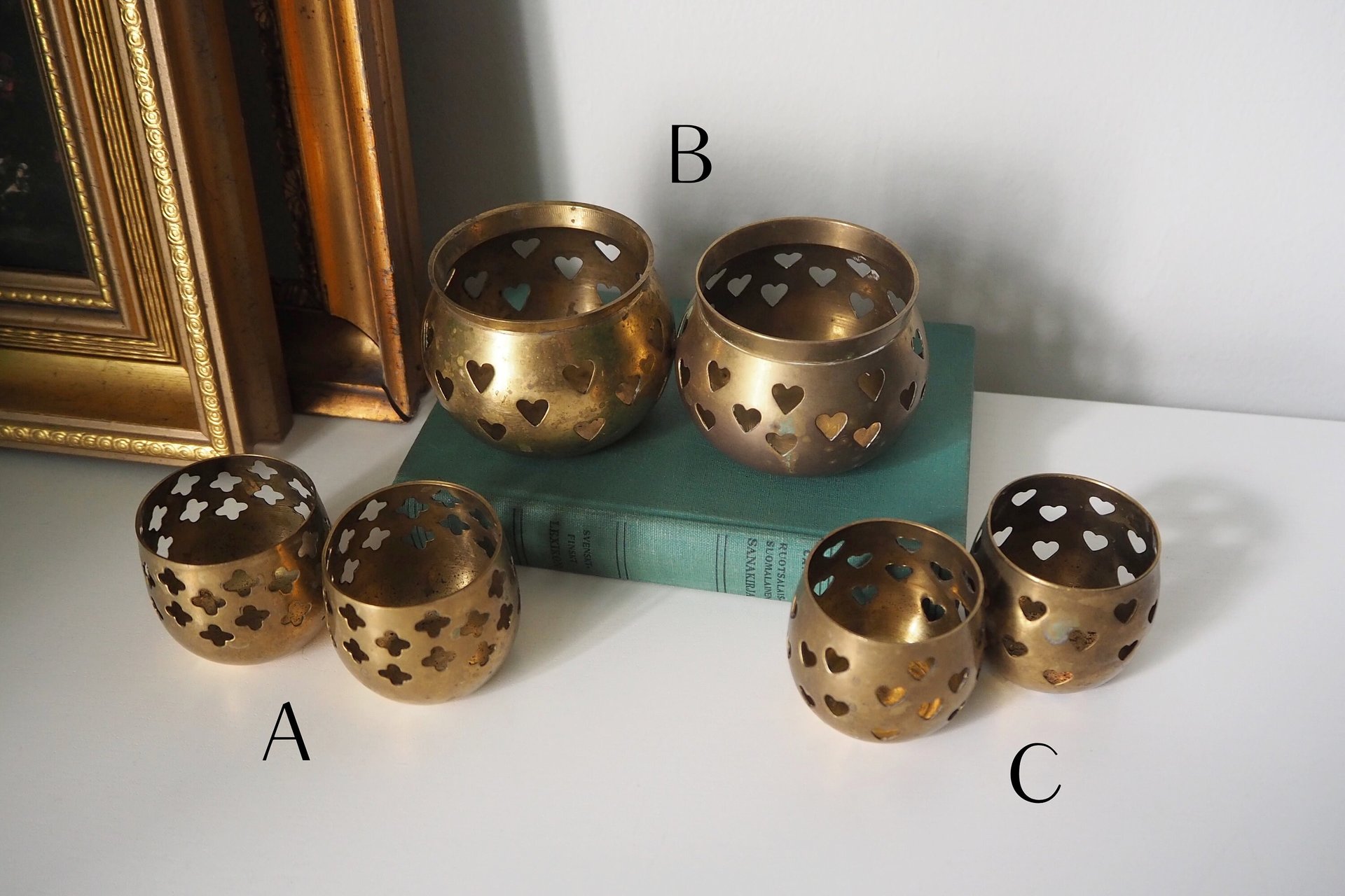 Vintage tea light holder sets | Heart candleholders | Vintage brass tea light holders | Brass tealight holders | Candleholder sets