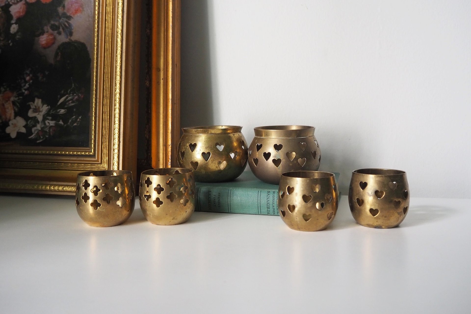 Vintage tea light holder sets | Heart candleholders | Vintage brass tea light holders | Brass tealight holders | Candleholder sets