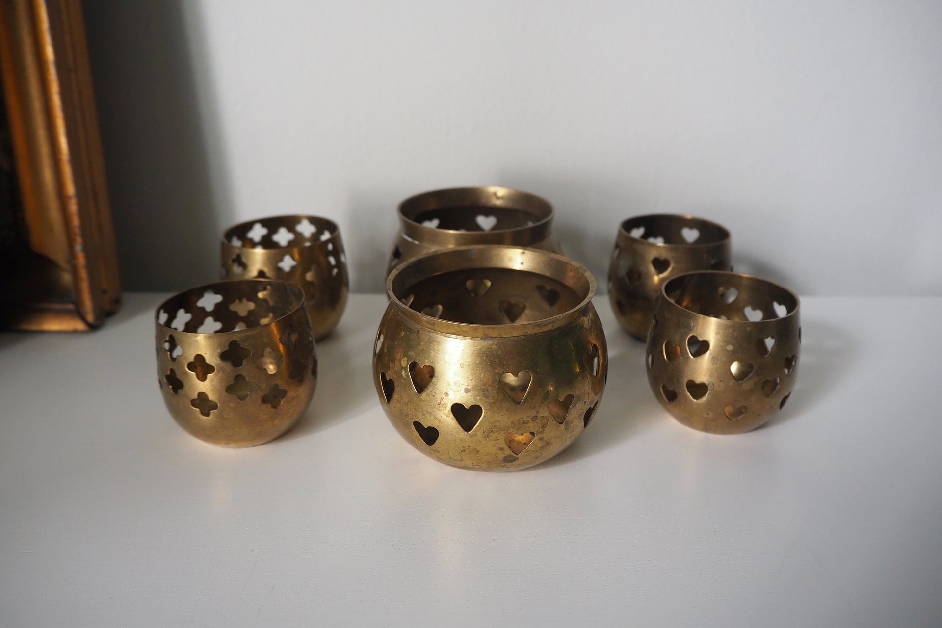 Vintage tea light holder sets | Heart candleholders | Vintage brass tea light holders | Brass tealight holders | Candleholder sets