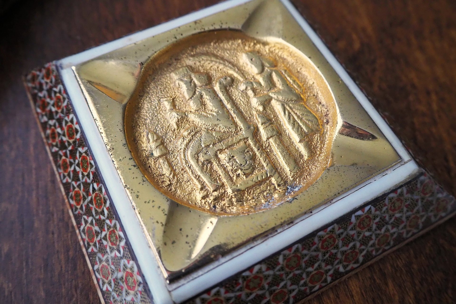 Vintage ashtray | Mosaic inlay ashtray | Brass ashtray | Mosaic ashtray