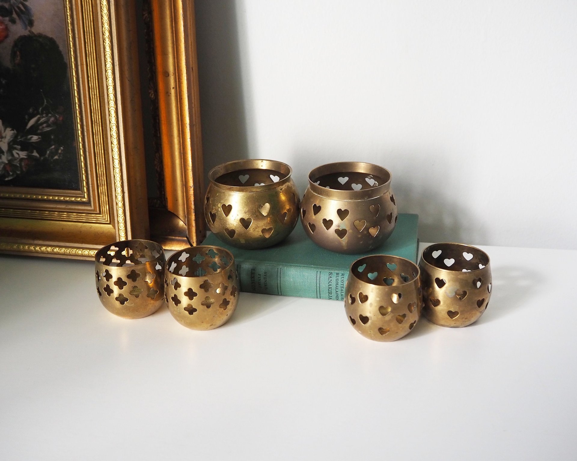 Vintage tea light holder sets | Heart candleholders | Vintage brass tea light holders | Brass tealight holders | Candleholder sets