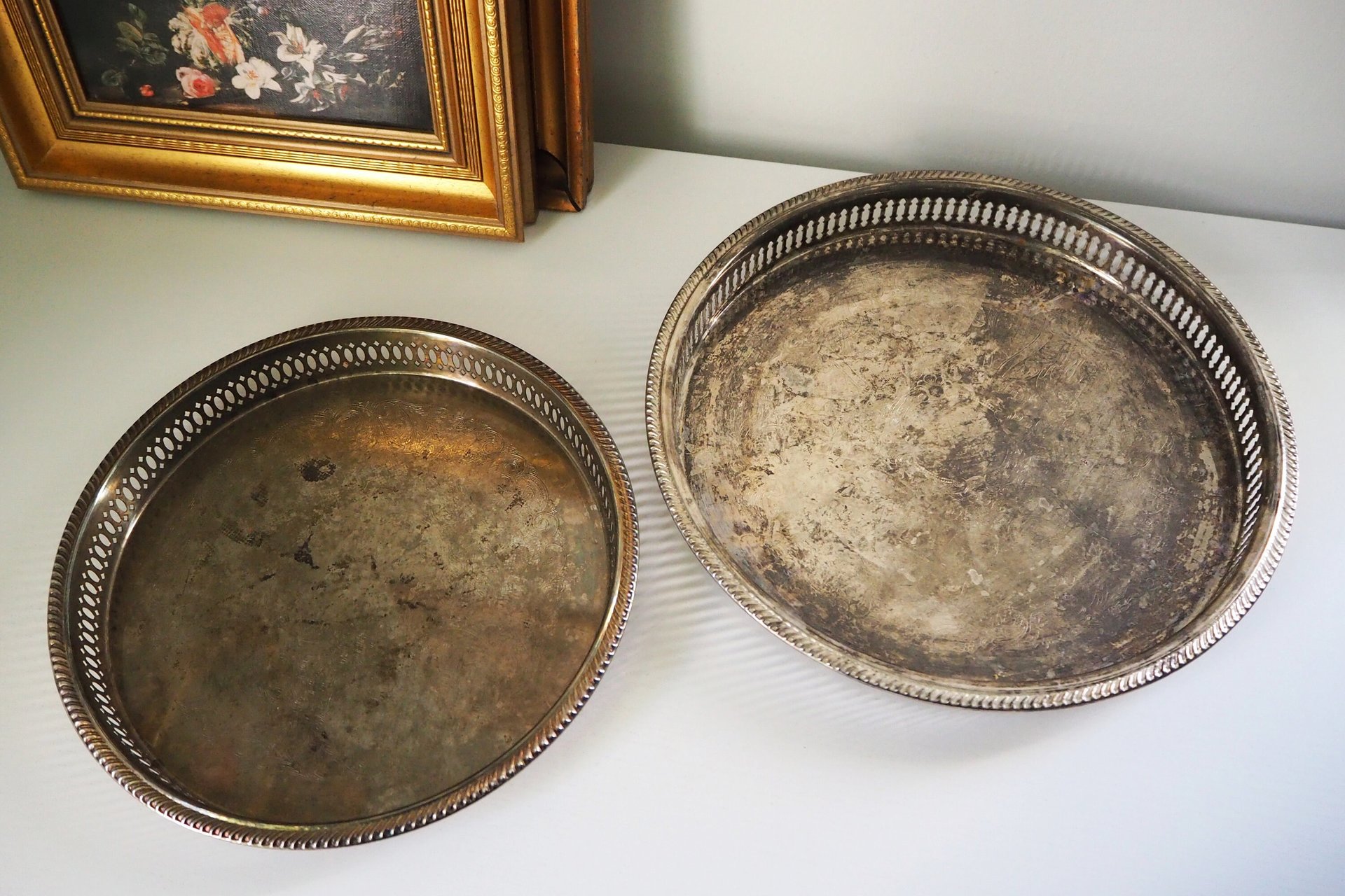 Set of two vintage silver plated trays | Vintage trays with a raised edge | Silver plated serving trays with a cutout rim
