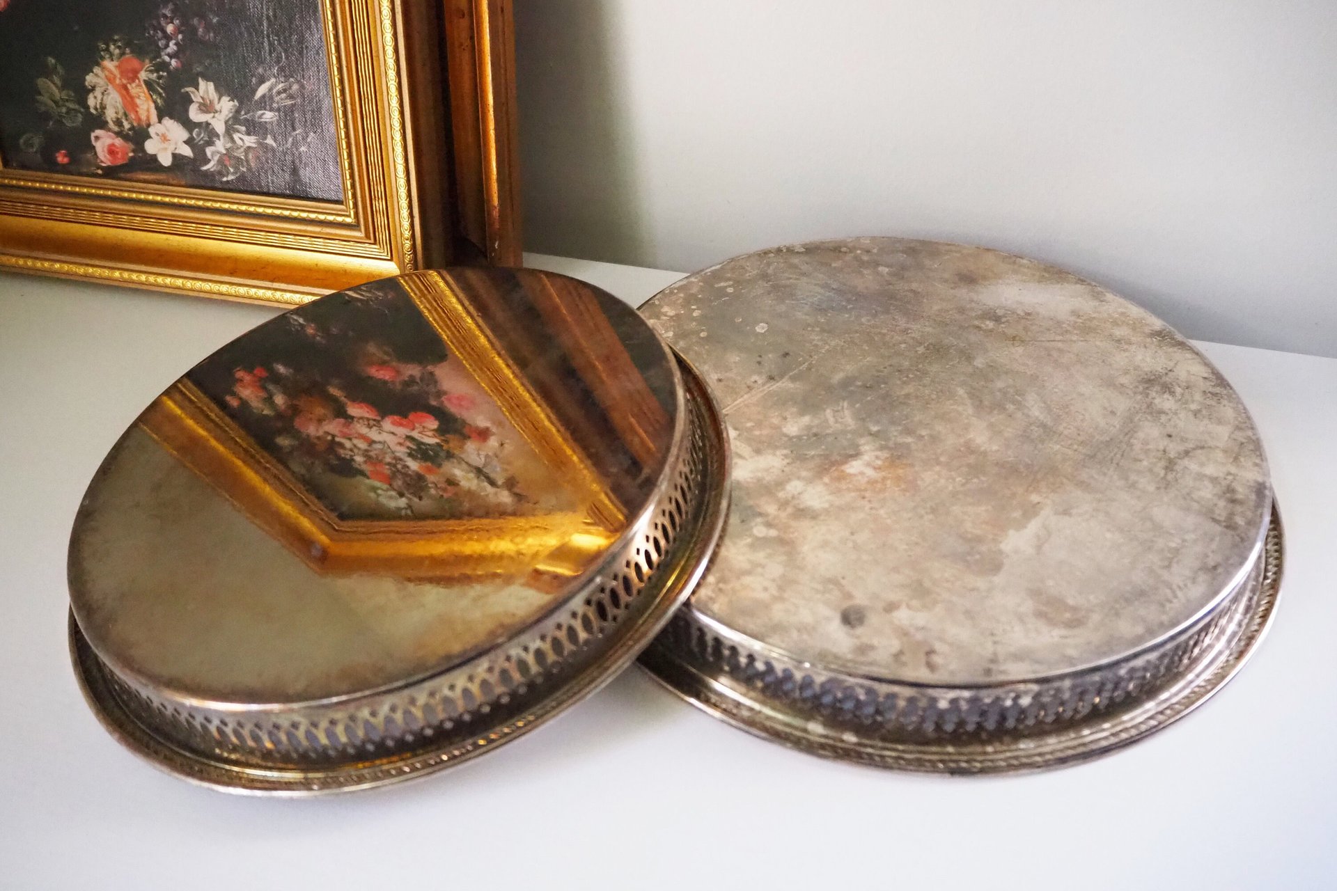 Set of two vintage silver plated trays | Vintage trays with a raised edge | Silver plated serving trays with a cutout rim