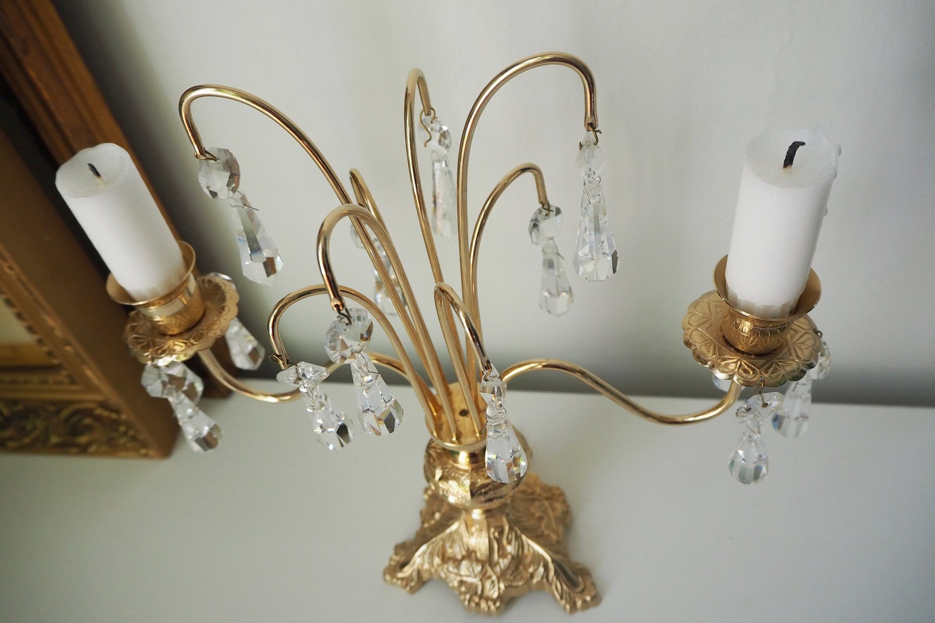 Vintage crystal candelabra | Vintage two arm candelabra | Gold plated candelabra | Vintage candelabra
