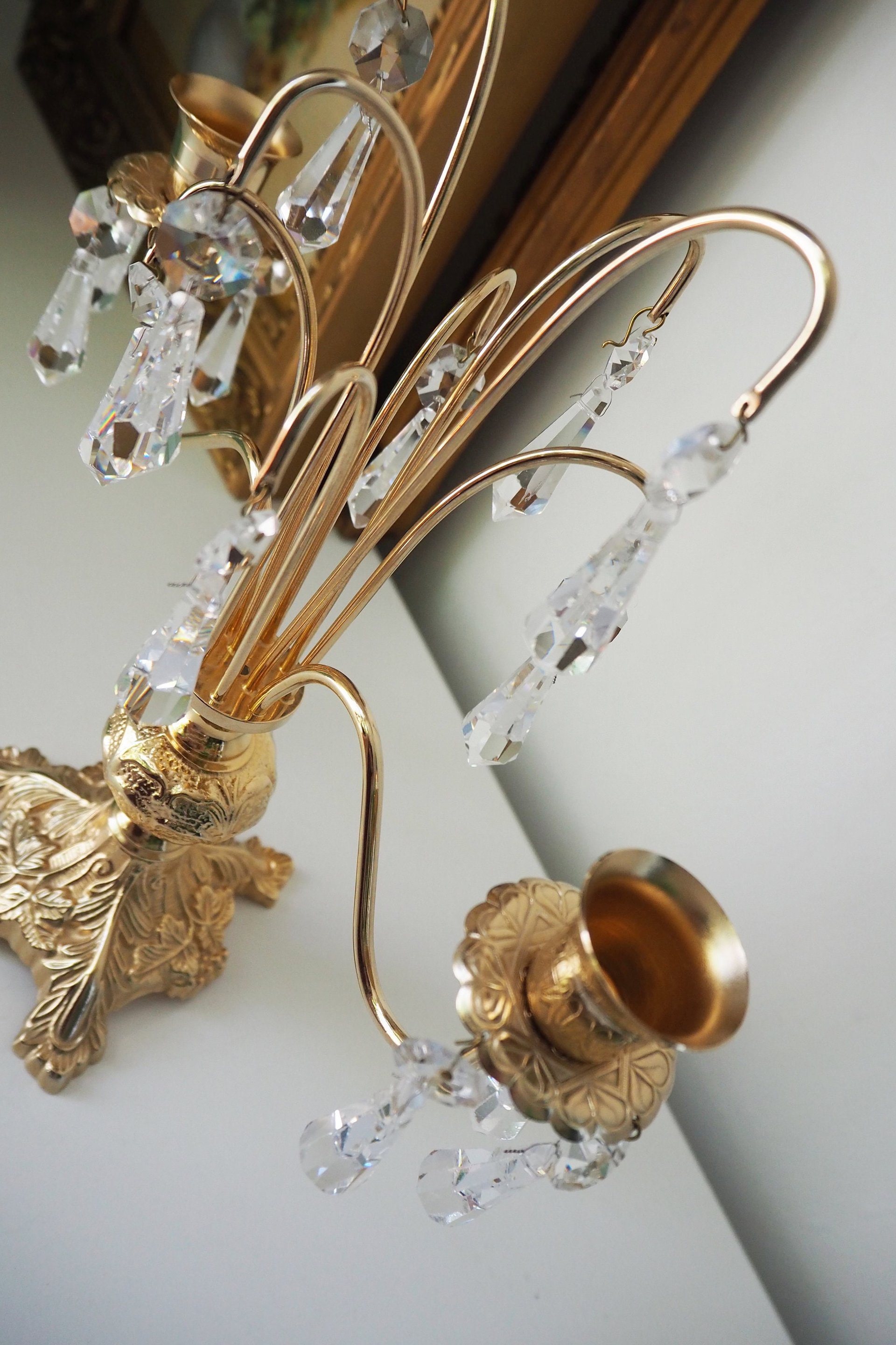 Vintage crystal candelabra | Vintage two arm candelabra | Gold plated candelabra | Vintage candelabra