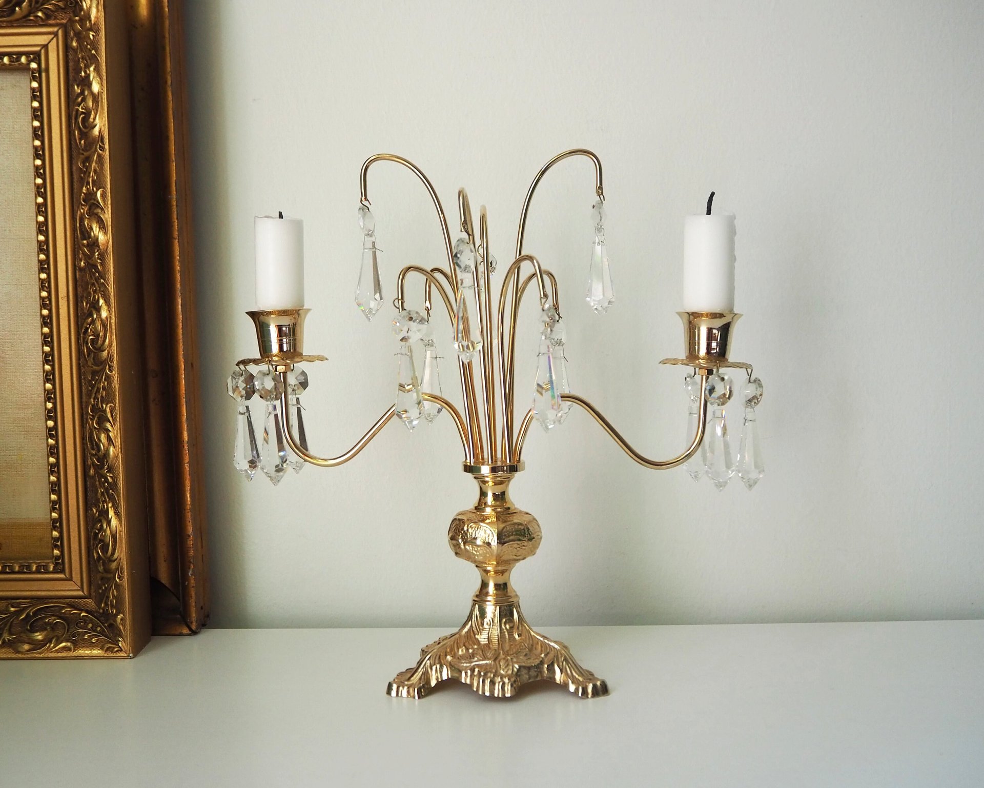 Vintage crystal candelabra | Vintage two arm candelabra | Gold plated candelabra | Vintage candelabra