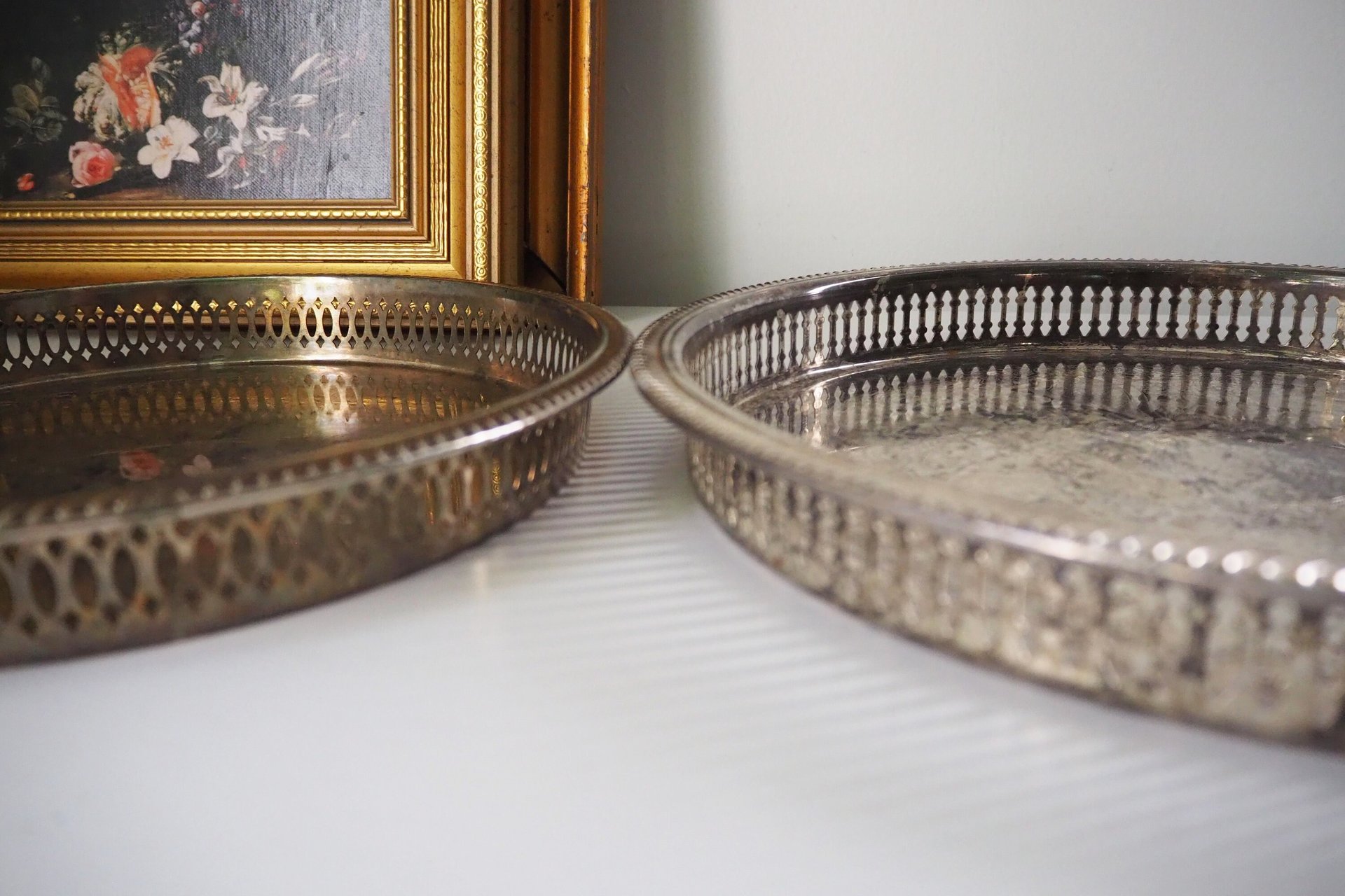 Set of two vintage silver plated trays | Vintage trays with a raised edge | Silver plated serving trays with a cutout rim