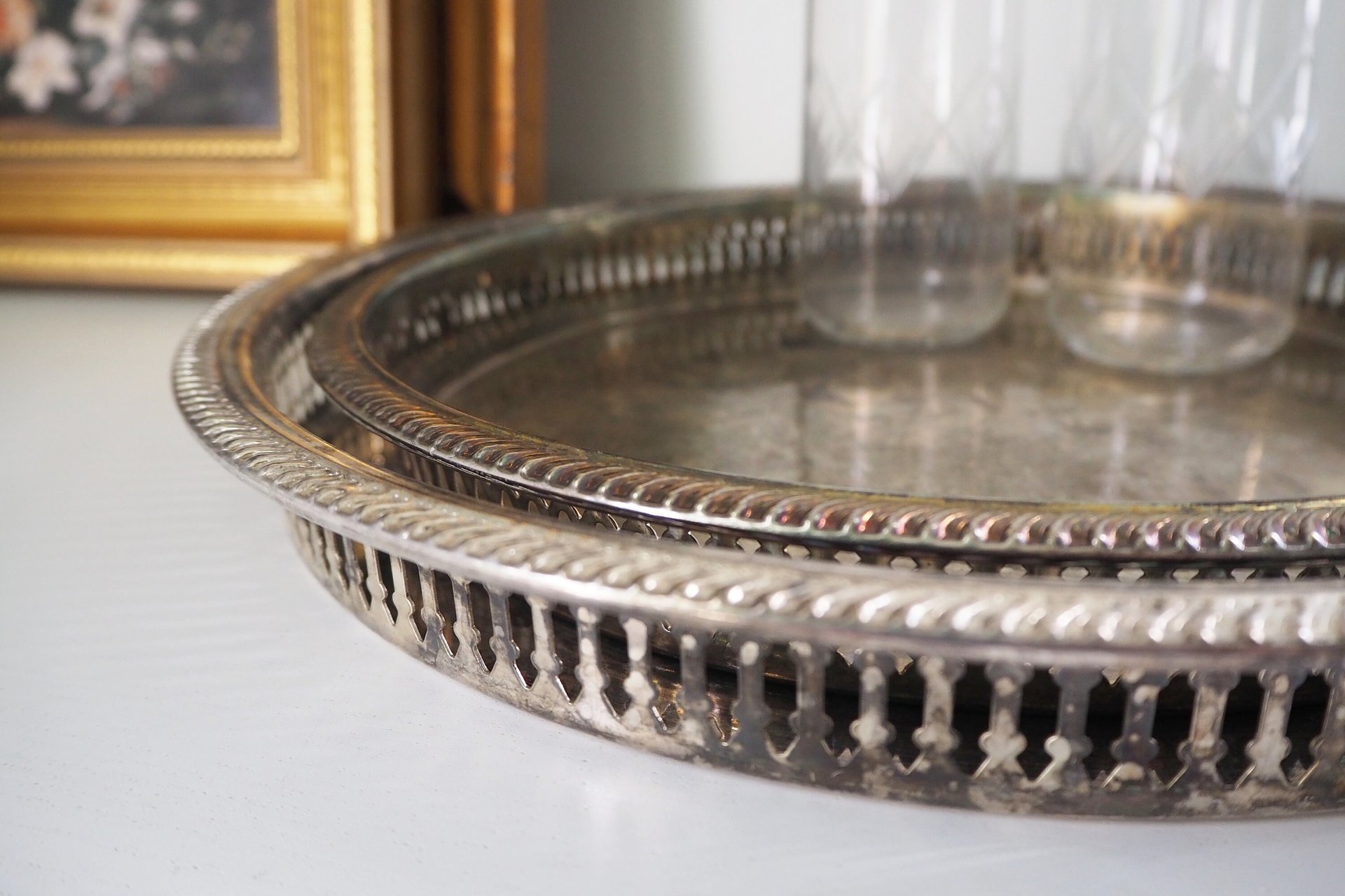 Set of two vintage silver plated trays | Vintage trays with a raised edge | Silver plated serving trays with a cutout rim