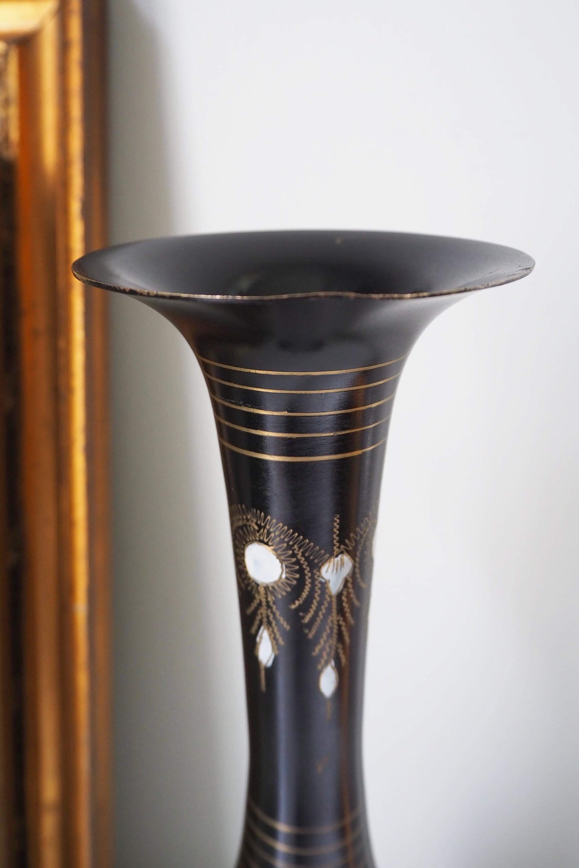 Vintage brass vase | Black brass vase | Etched floral brass vase black | Tall brass and black vase