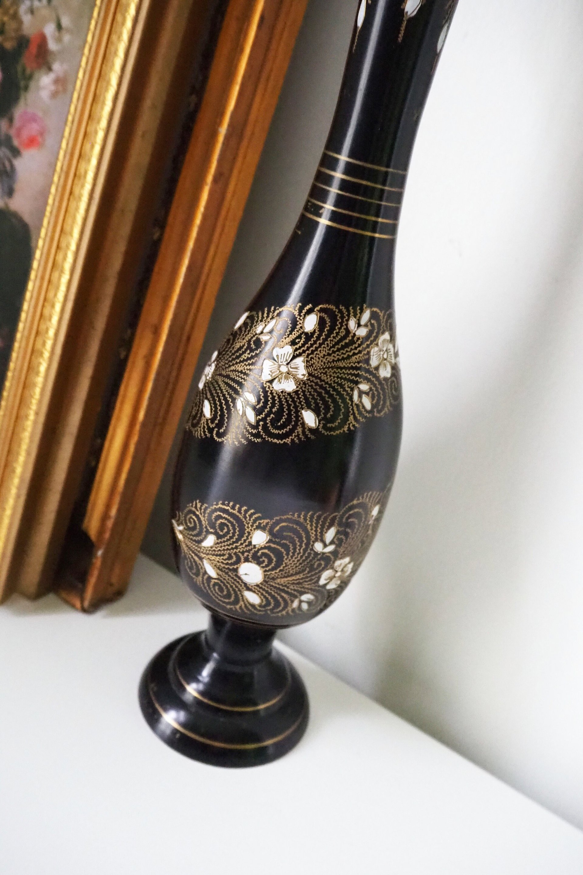 Vintage brass vase | Black brass vase | Etched floral brass vase black | Tall brass and black vase