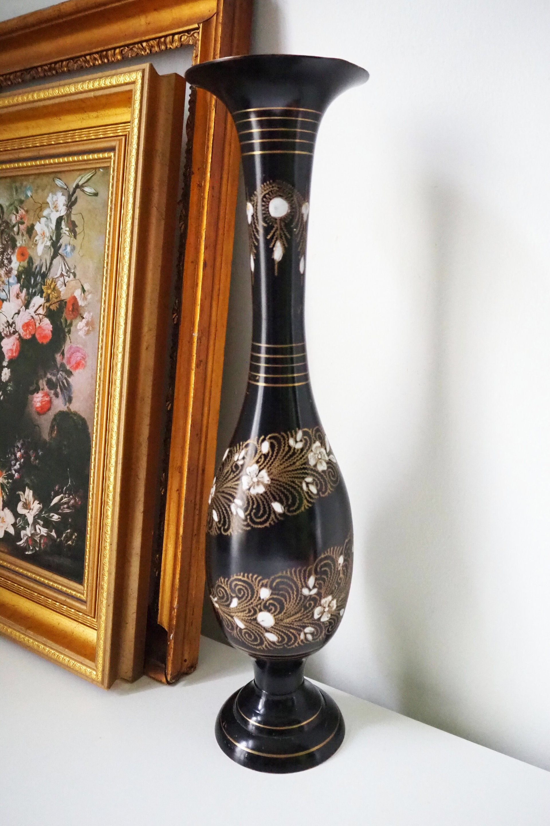 Vintage brass vase | Black brass vase | Etched floral brass vase black | Tall brass and black vase