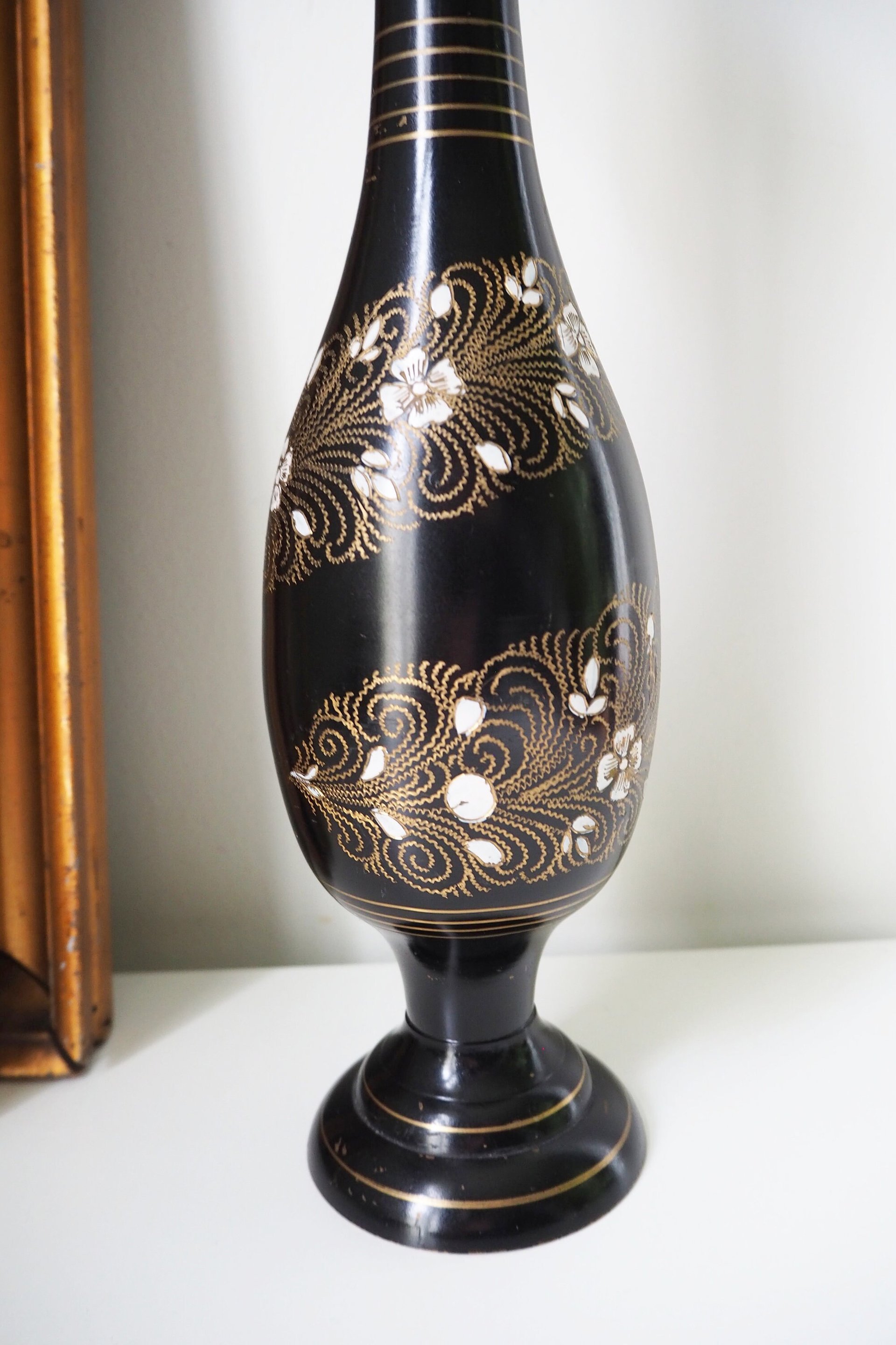 Vintage brass vase | Black brass vase | Etched floral brass vase black | Tall brass and black vase