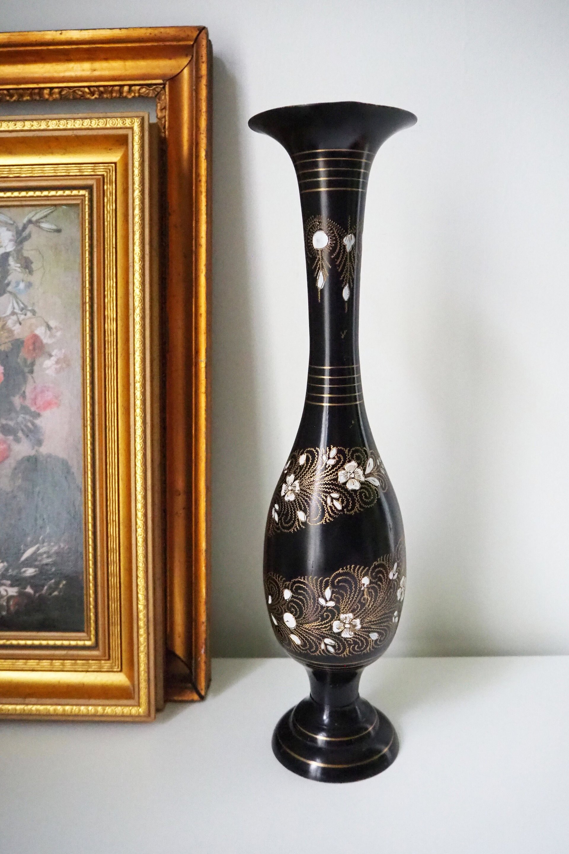 Vintage brass vase | Black brass vase | Etched floral brass vase black | Tall brass and black vase