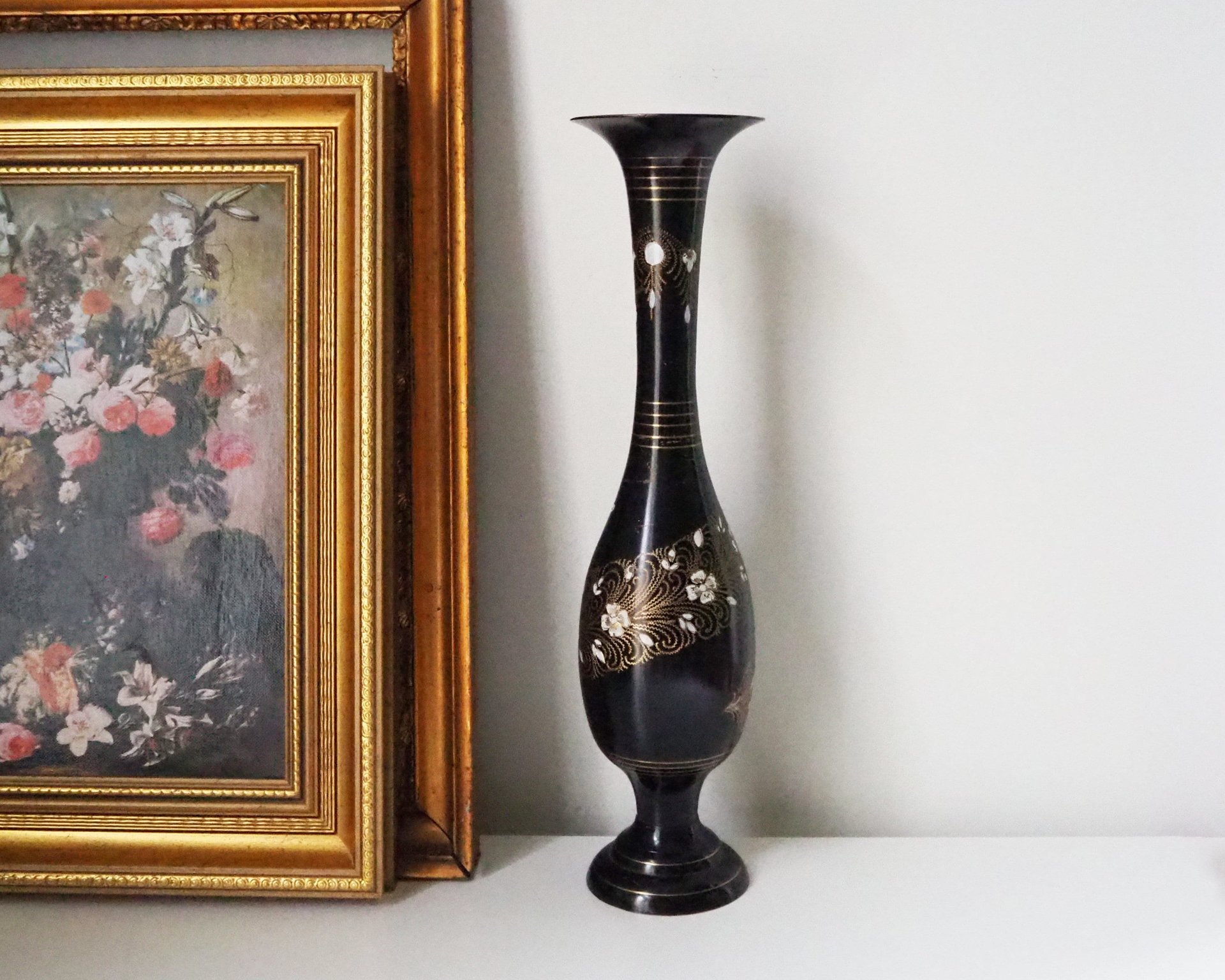 Vintage brass vase | Black brass vase | Etched floral brass vase black | Tall brass and black vase