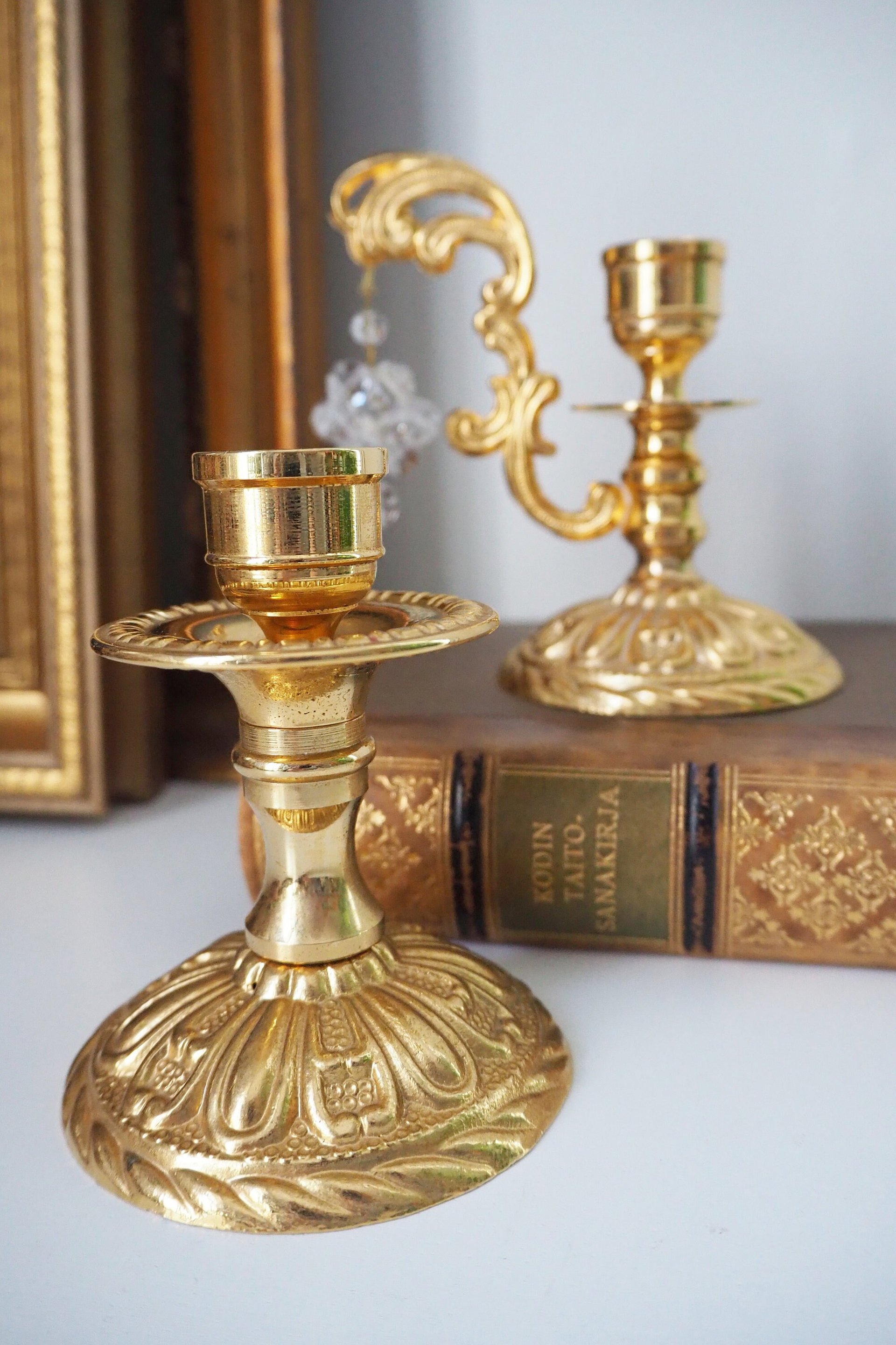 Vintage candlestick holders | Gold plated crystal candlestick holders | Mismatched vintage candlestick holders | Crystal candlestick holder