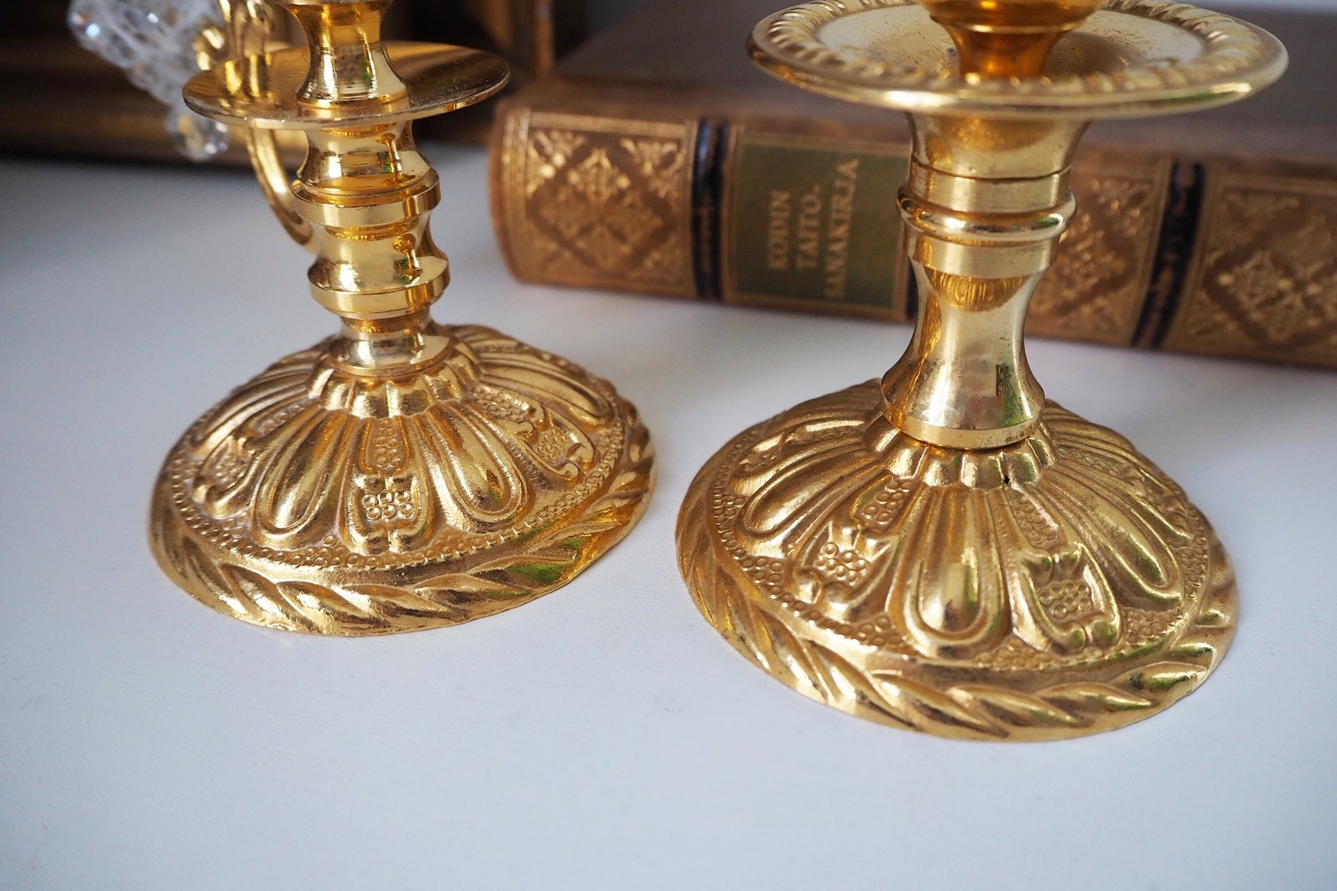 Vintage candlestick holders | Gold plated crystal candlestick holders | Mismatched vintage candlestick holders | Crystal candlestick holder